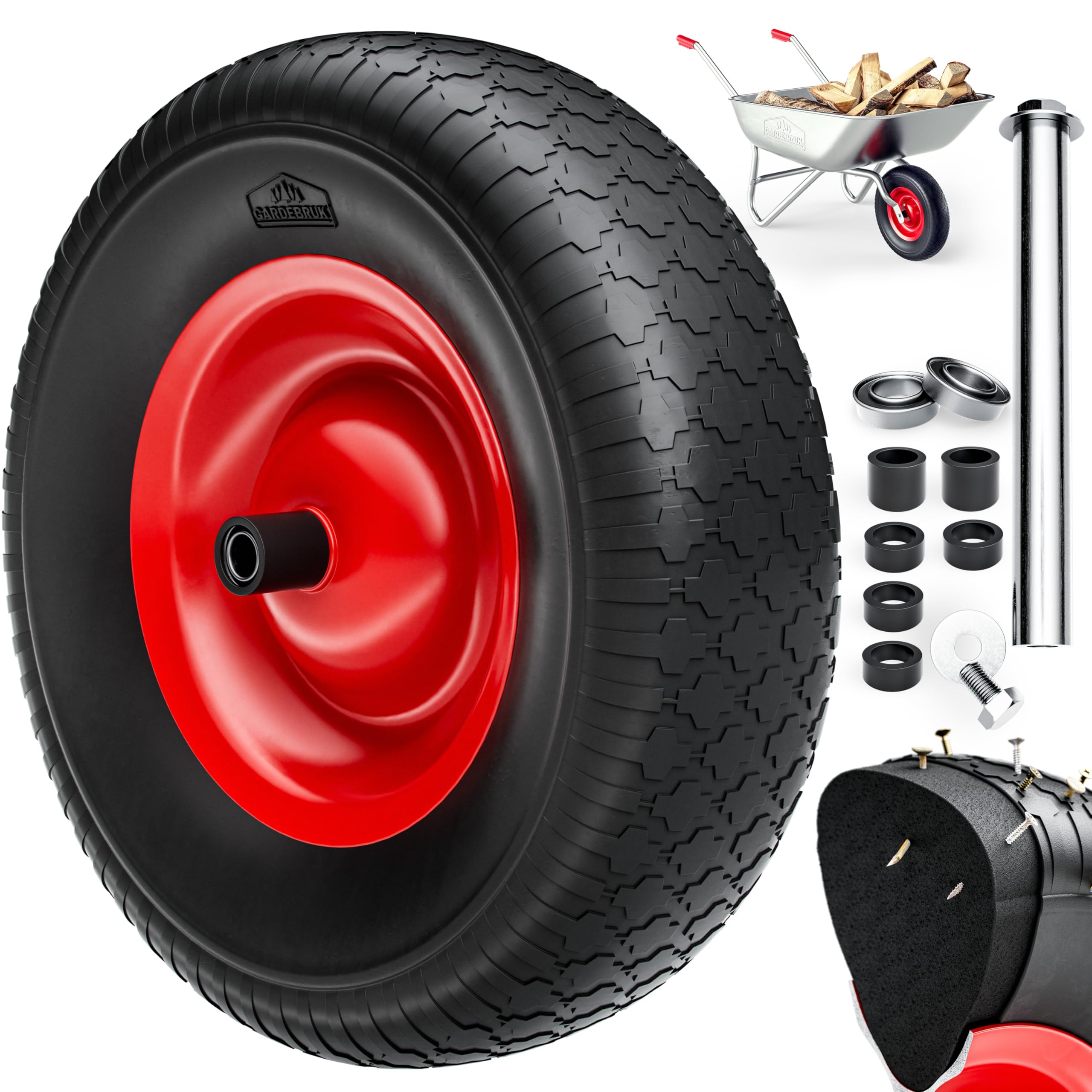 GARDEBRUK Schubkarrenrad PU Vollgummi pannensicher 4.80/4.00-8 ?390mm Stahlfelge 200kg Achse Diamantprofil Reifen Vollgummireifen Ersatzrad Schwarz