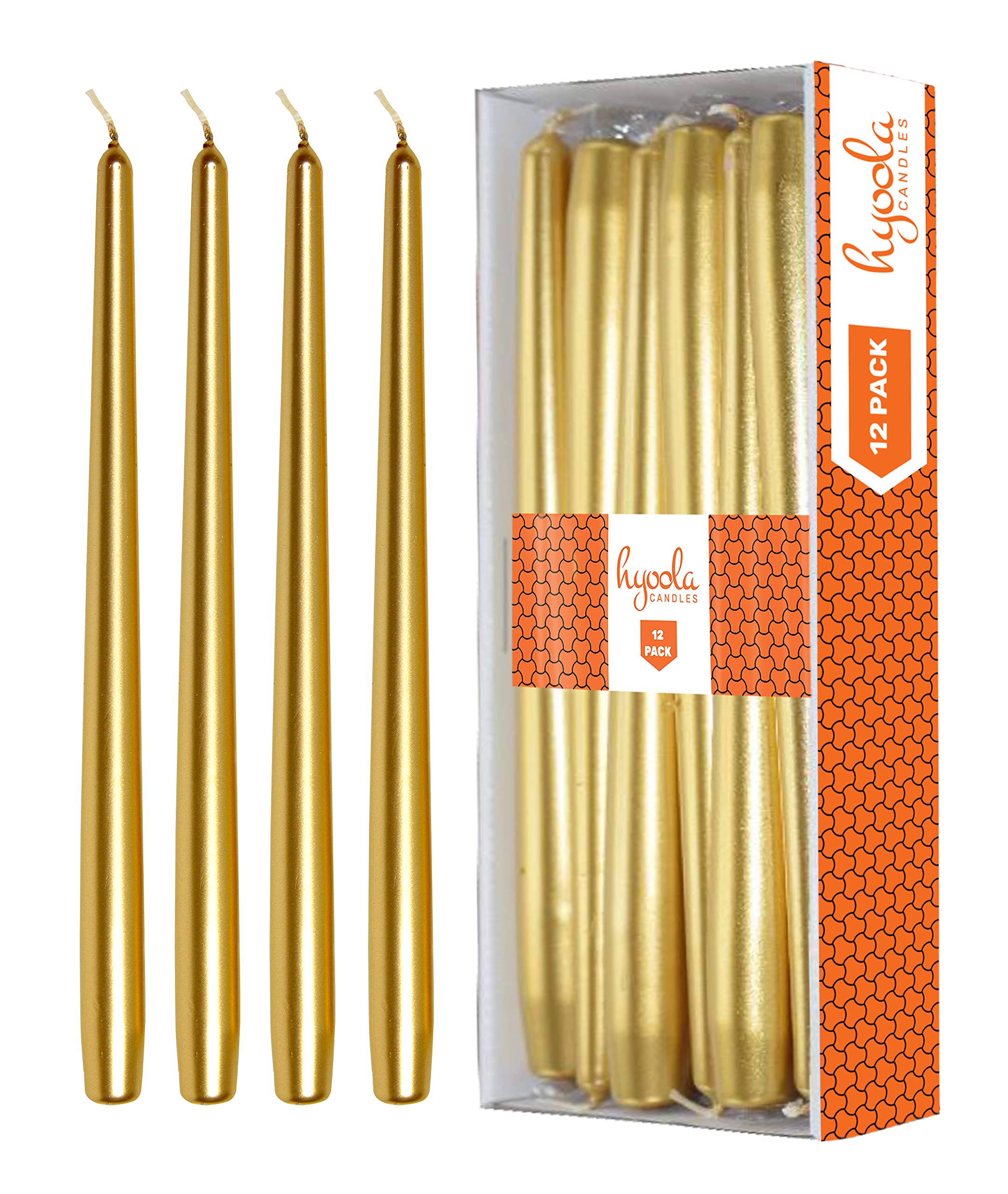 HyoolaMetallic Gold Taper Candles - 350 mm (14 Inch) Unscented Dripless Taper Candles - 12 Hour Burn Time - 12 Pack