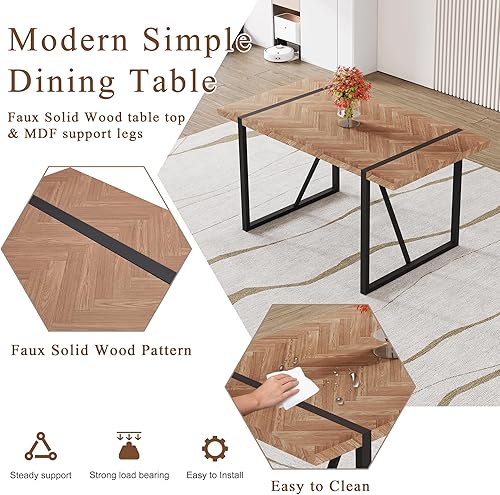 Miniatura 6 de Una mesa de comedor rectangular retro minimalista con una parte superior especialmente texturizada y patas de metal negro. Mesa de madera