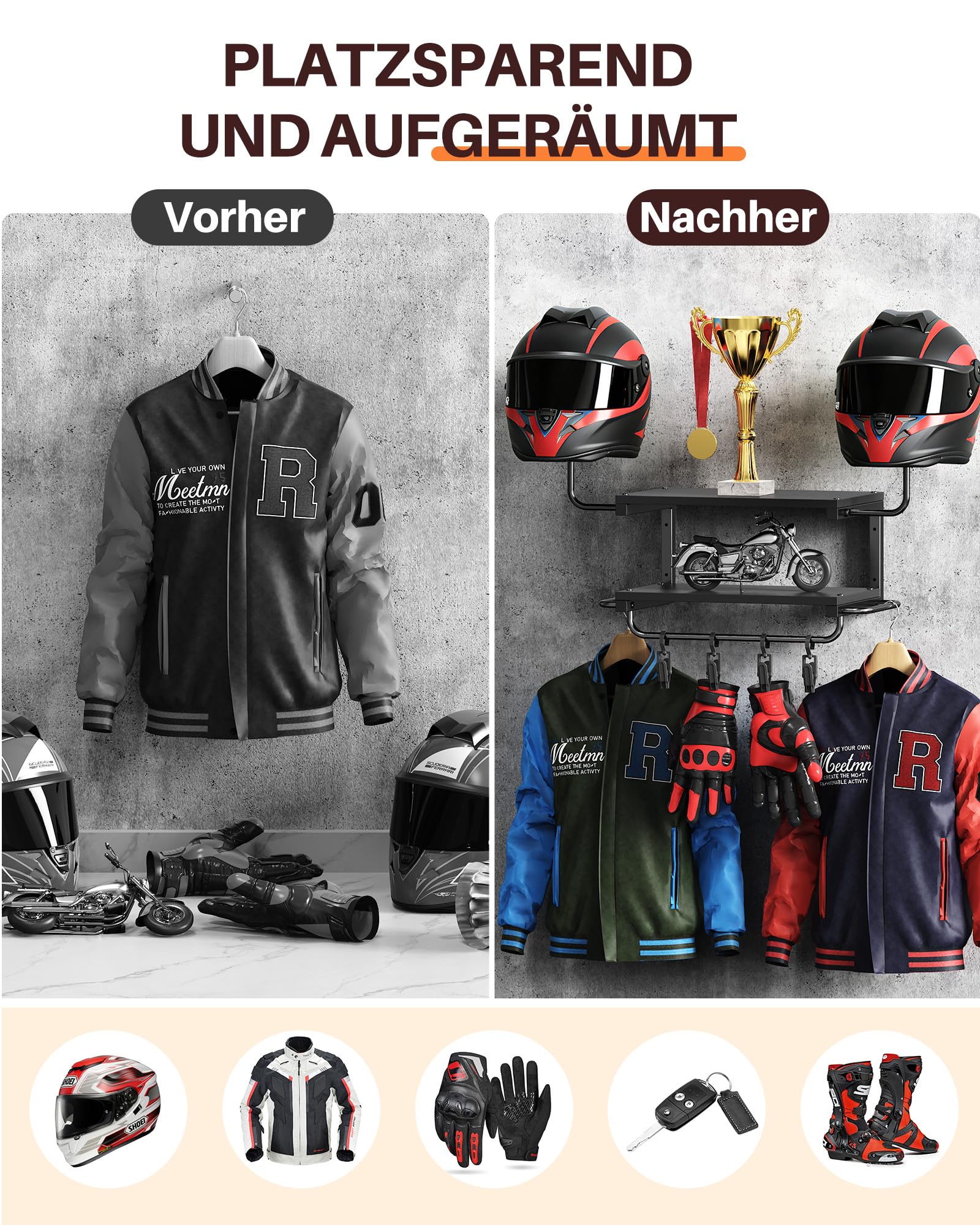 Motorradhelm Halterung Wand für 2 Helme, Motorrad Garderobe Wand mit Kleiderbügel und Haken, 30 kg Tragfähigkeit, geeignet für Fahrrad und Skihelme (Schwarz)