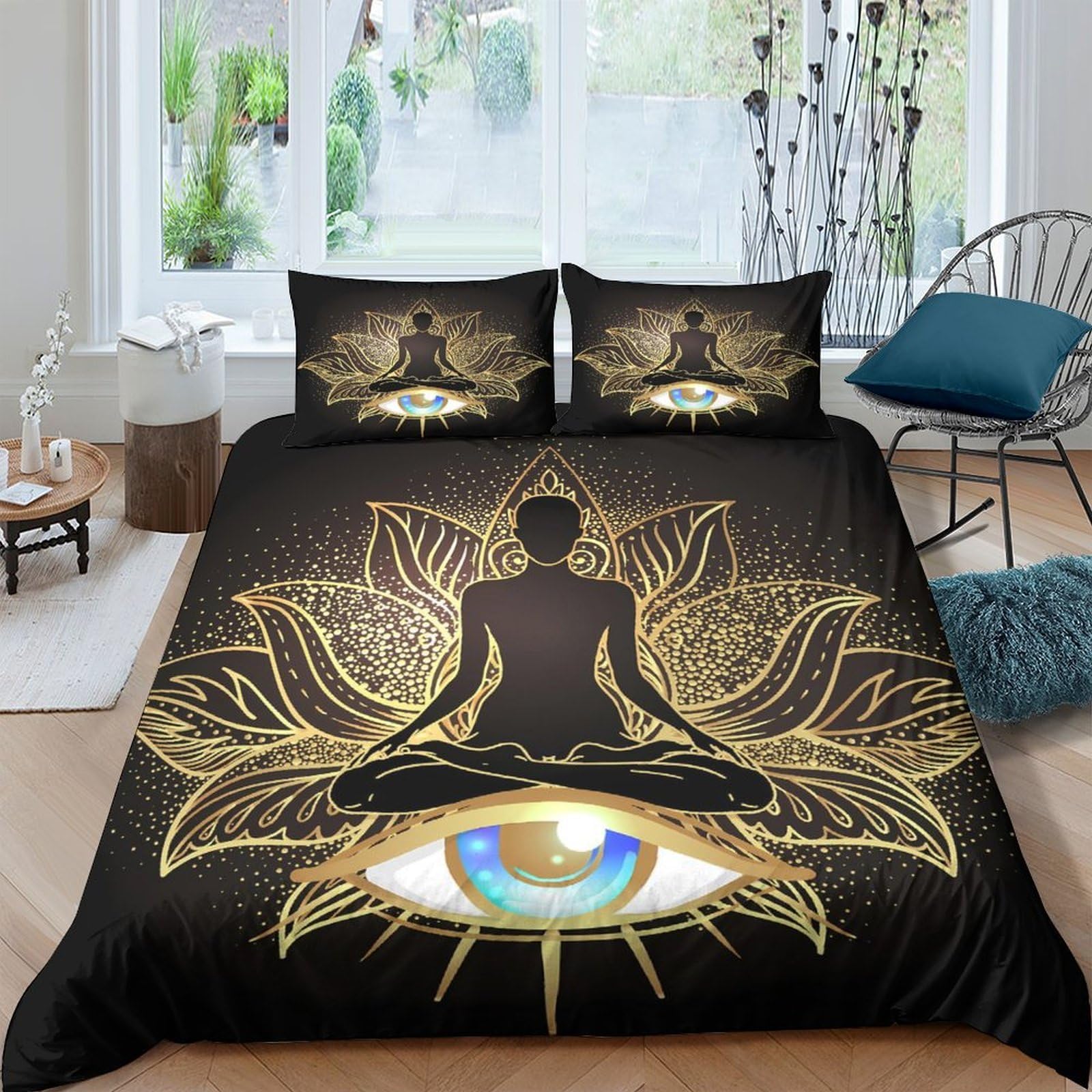 P5V6M1Q9 3D Printed Yoga Meditation Eye Duvet Cover Microfiber Soft Black Lotus Bedding Set with 2 Pillowcases for Bedroom Decor Single（135x200cm）
