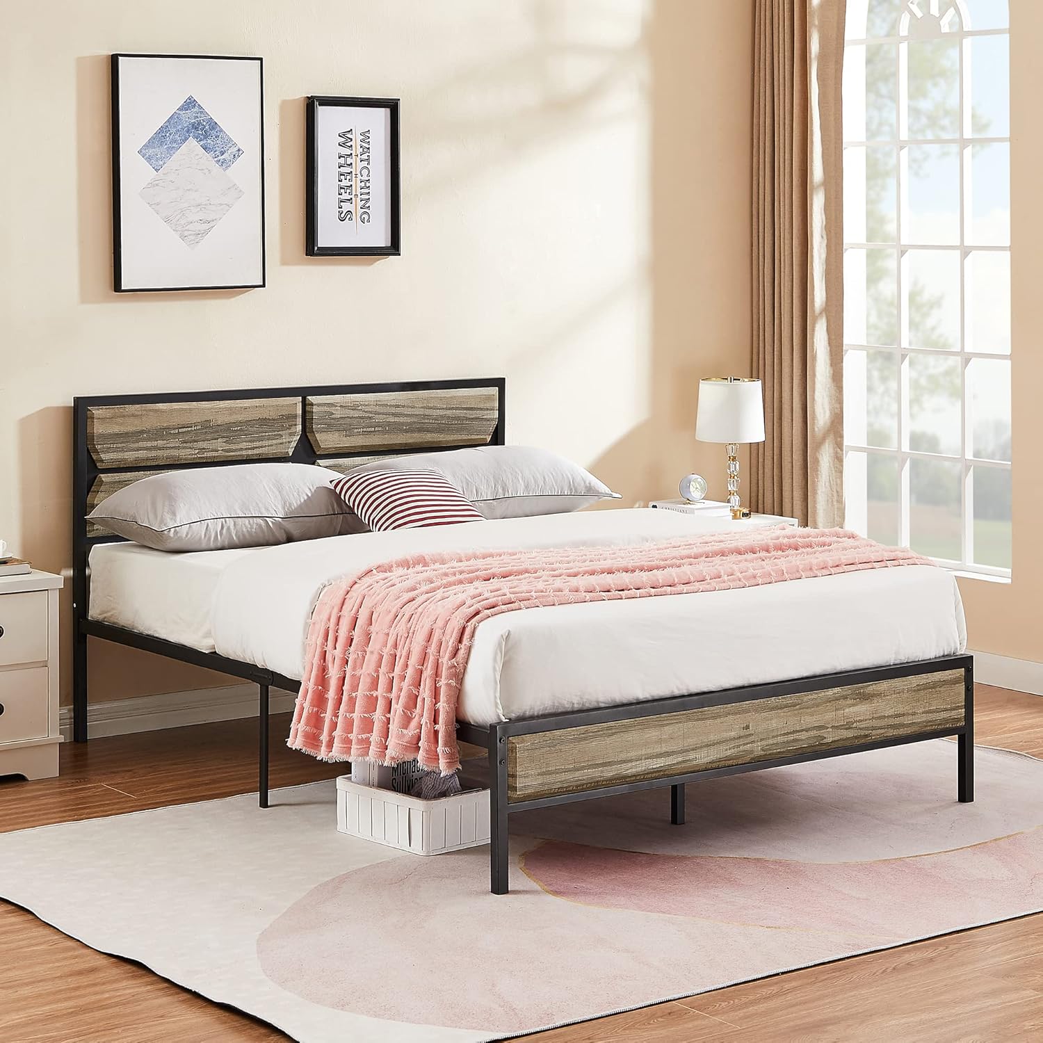 VECELO Full Platform Bed Frame with Wood Headboard/Mattress Foundation/Premium Steel Slats Support/No Box Spring Needed,Grey Slate(Square)
