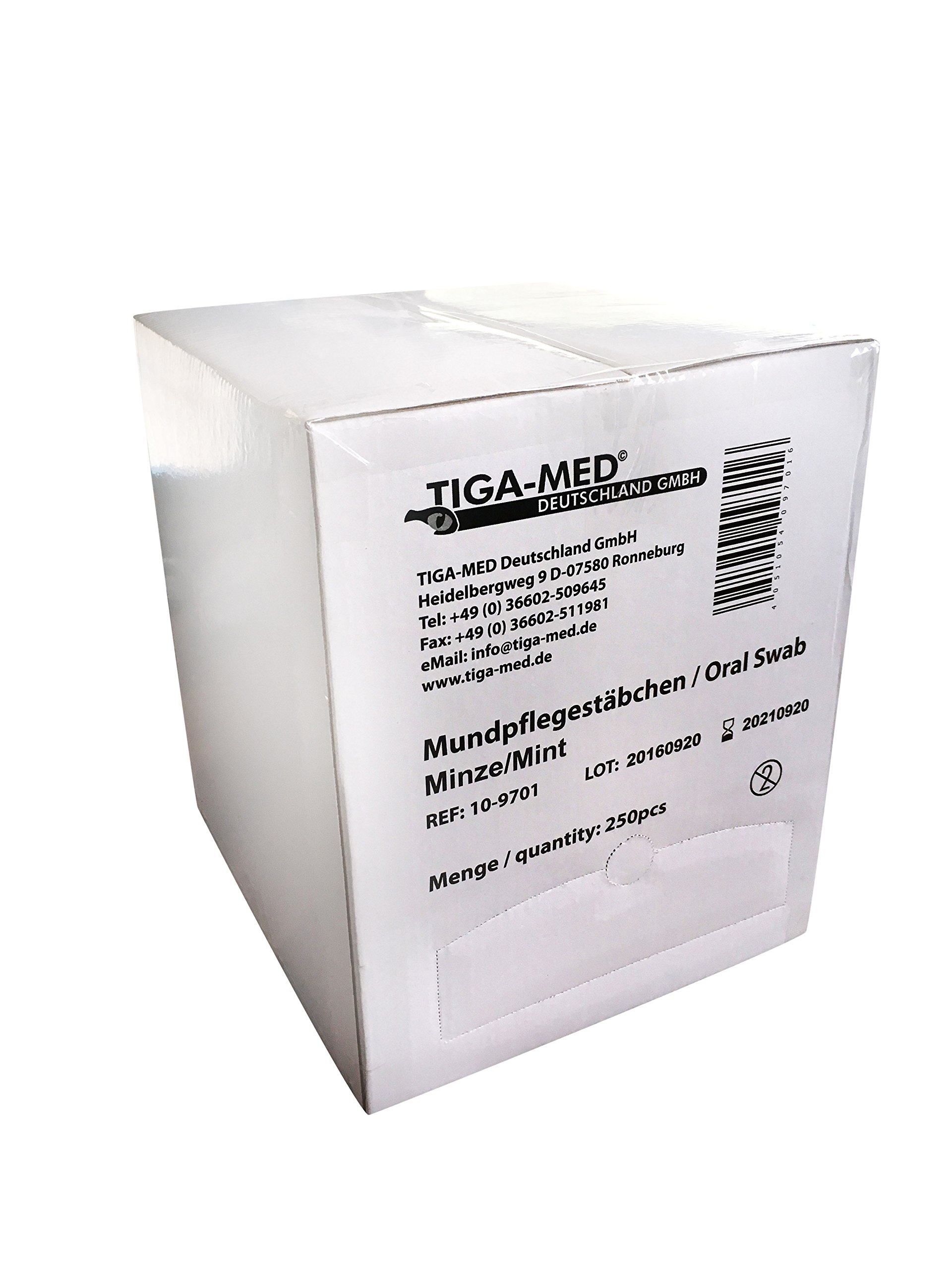 TIGA-MED Mundpflegestäbchen | 250 Stück | Einmal Oral Care Sticks zur Mundpflege | schonende Reinigung & Befeuchtung | hygienisch & saugfähig | einzeln verpackt in Spenderbox (Minze)