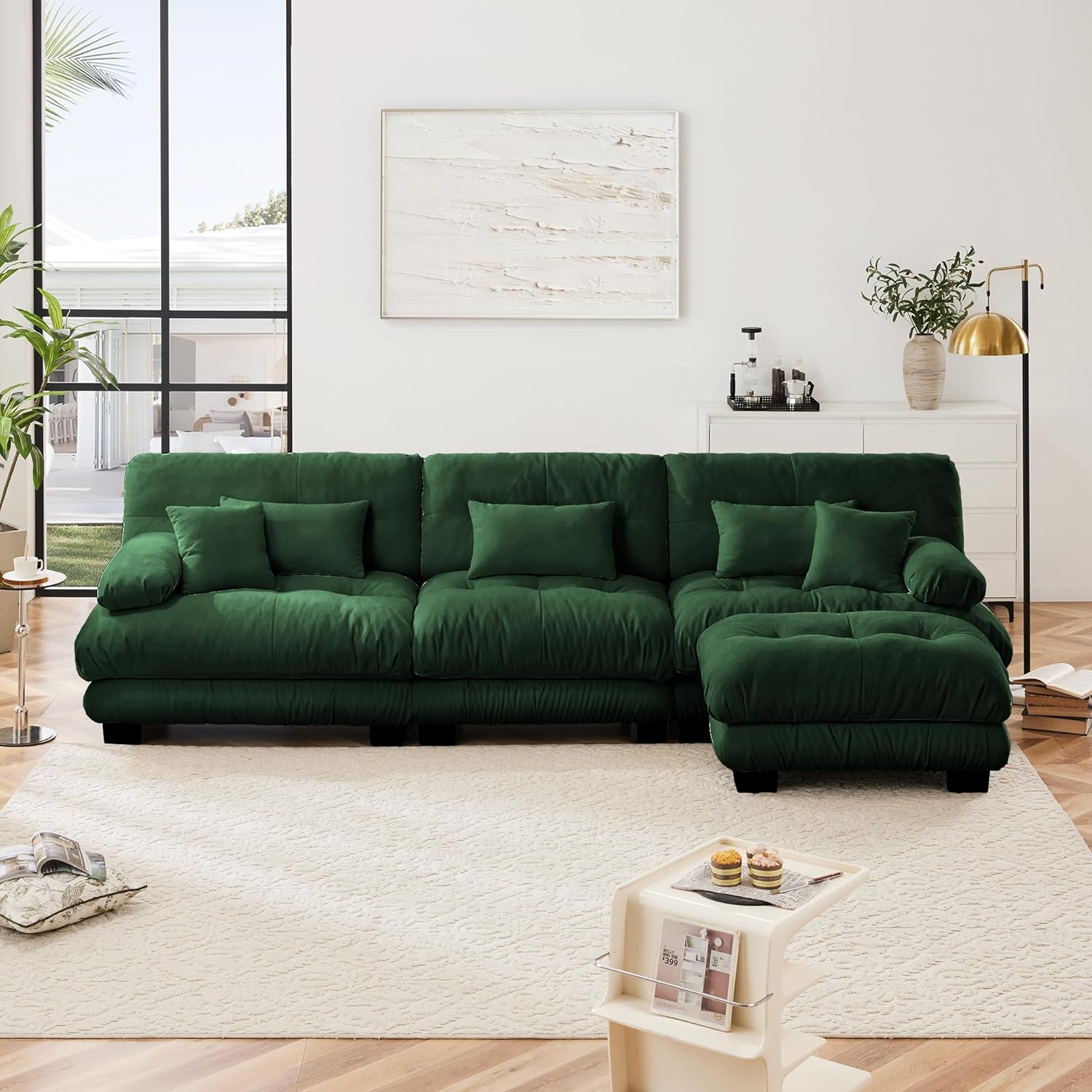 Ball & Cast 133.8" Modular Sectional Sofa,Oversized Couch 3 Seater Sofas,Large L Shaped Sectional Couches for Living Room, Fluffy Chenille Fabirc Cloud Couch with Ottoman, Deep Seat, Green