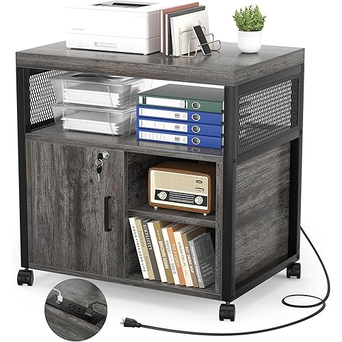 Unikito Rolling File Cabinet Lateral Office Filing Cabinets with Socket and USB Charging Port, Modern Printer Stand on Wheels Printer Cabinet with Door and Open Storage, Lockable, Black Oak
