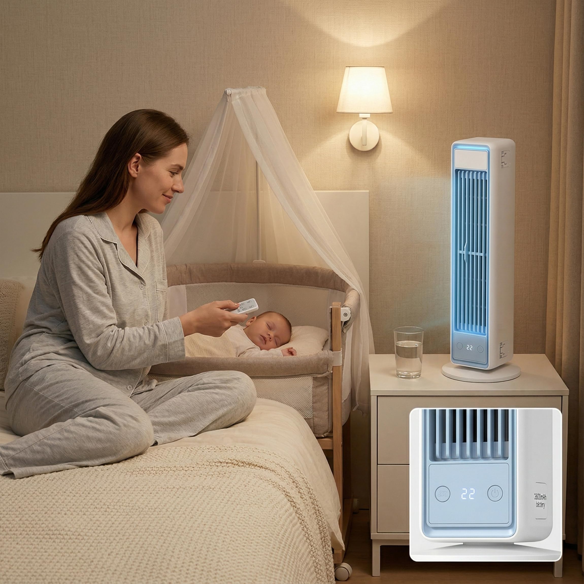 Aire acondicionado portátil pequeño: torre sin aspas con ventilador de CA de 3600 mah con control remoto, soporte/escritorio/montaje en pared 3 en 1, funcionamiento silencioso, 5 velocidades para