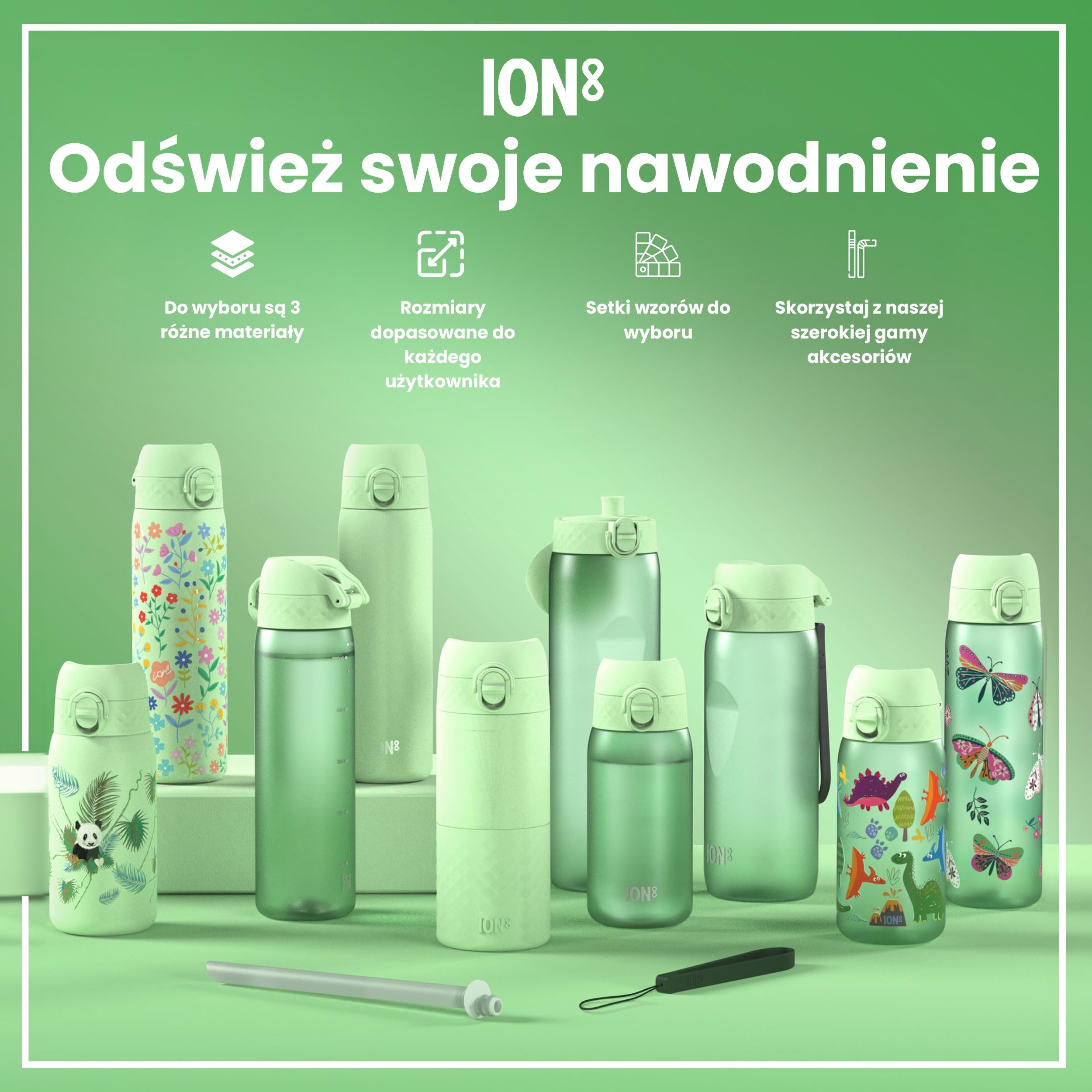 ION8 Butelka na Wodę, 500 ml/18 oz, Szczelna, Łatwe Otwieranie, Bezpieczny Zamek, Można Myć w Zmywarce, Bez BPA, Higieniczne Pokrycie, Uchwyt do Przenoszenia, Łatwa Czyszczenie, Bezwonny, Zielony Surf