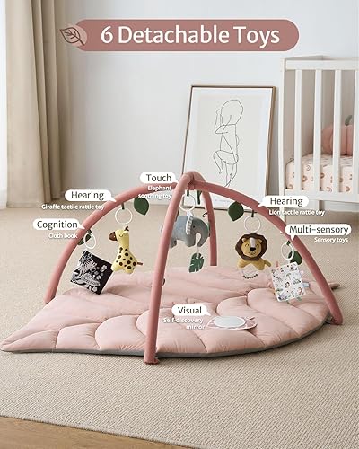 Miniatura 3 de Blissful Diary Tapete de gimnasio y actividades para bebés, tapete de juego para bebés con forma de hoja de gran tamaño con 6 juguetes desmontables