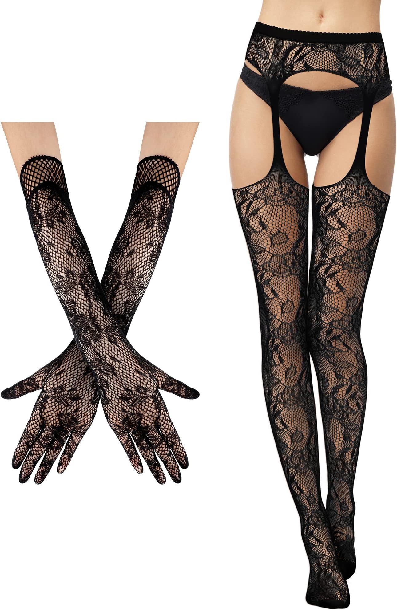 2 Pcs Lace Fishnet Stockings Tights Floral Gloves Black Suspender Pantyhose Long Gloves for Women Halloween Cosplay