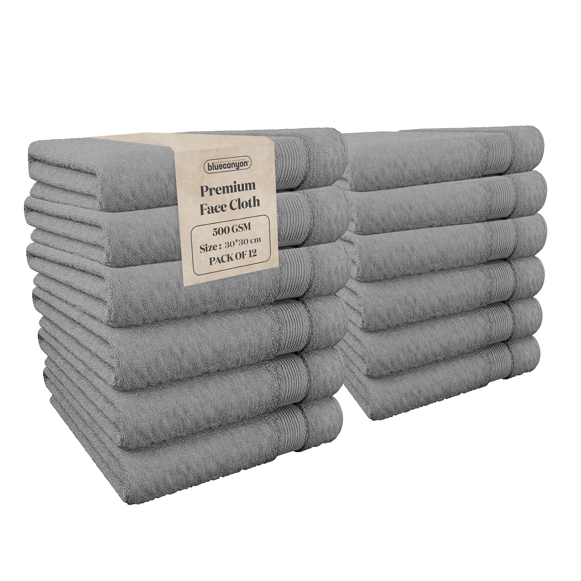 Blue Canyon Face Cloth, Bathroom Soft Towels, Woven Light–Weight, Quick Dry, Reusable Face Towels, Bacteria Resistant, Skin Friendly, Makeup Remover Cloth 30 * 30 cm, 500 GSM, PACK OF 12, (GREY)