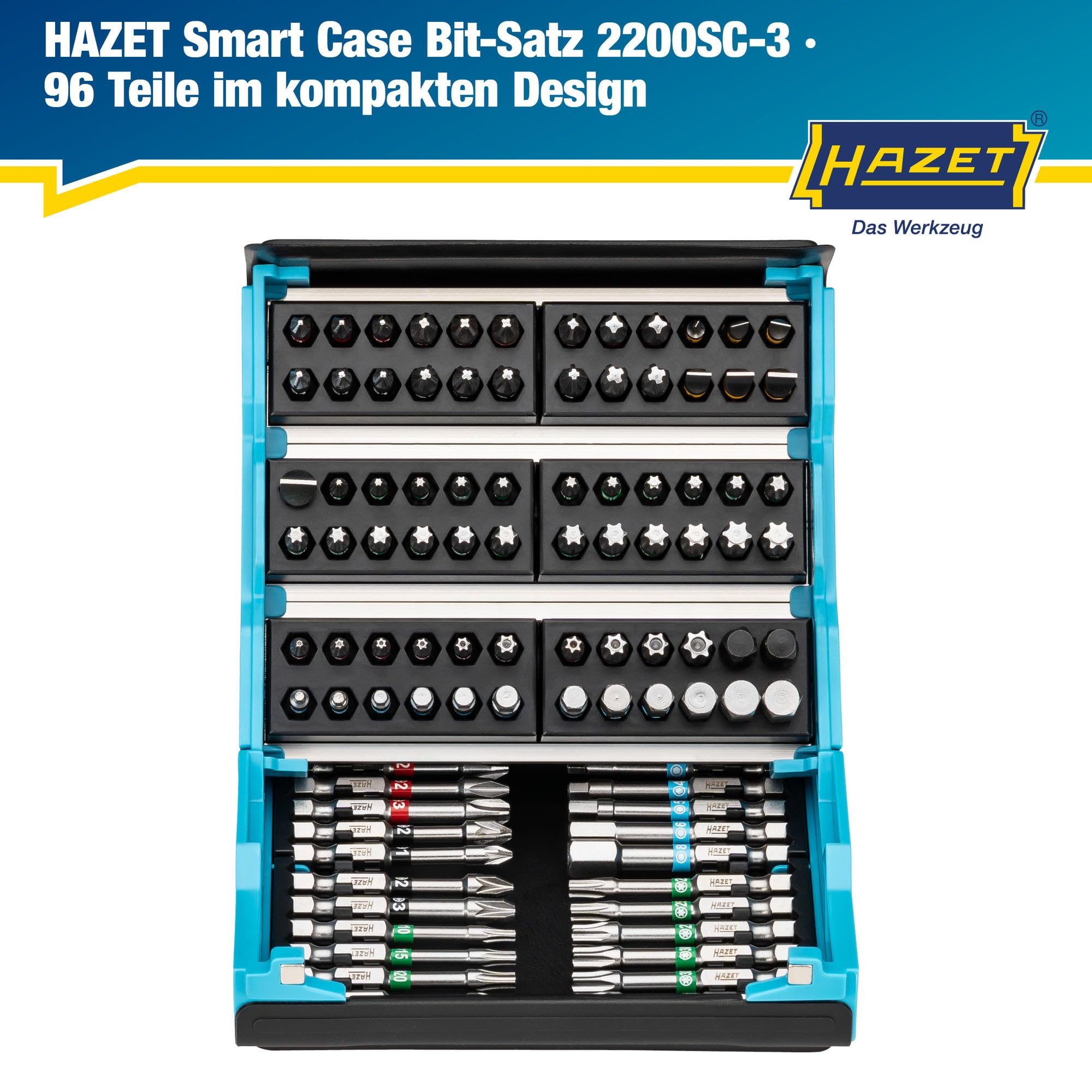 HAZET Smartcase Bit-Satz 2200SC-3 I 96-teilig, Antrieb: Sechskant 6,3 (1/4 Zoll), maximal viele Werkzeuge auf kleinstem Raum für beste Übersicht I klappbarer Werkzeug-Satz Made in Germany