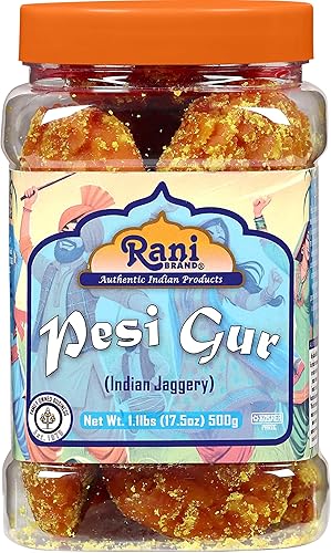 Rani Pesi Gur (Jaggery) Azúcar de caña cruda india sin refinar, 17.5 oz (1.1 libras) tarro de PET de 17.64 oz ~ Apto para gluten | Vegano | Sin OMG