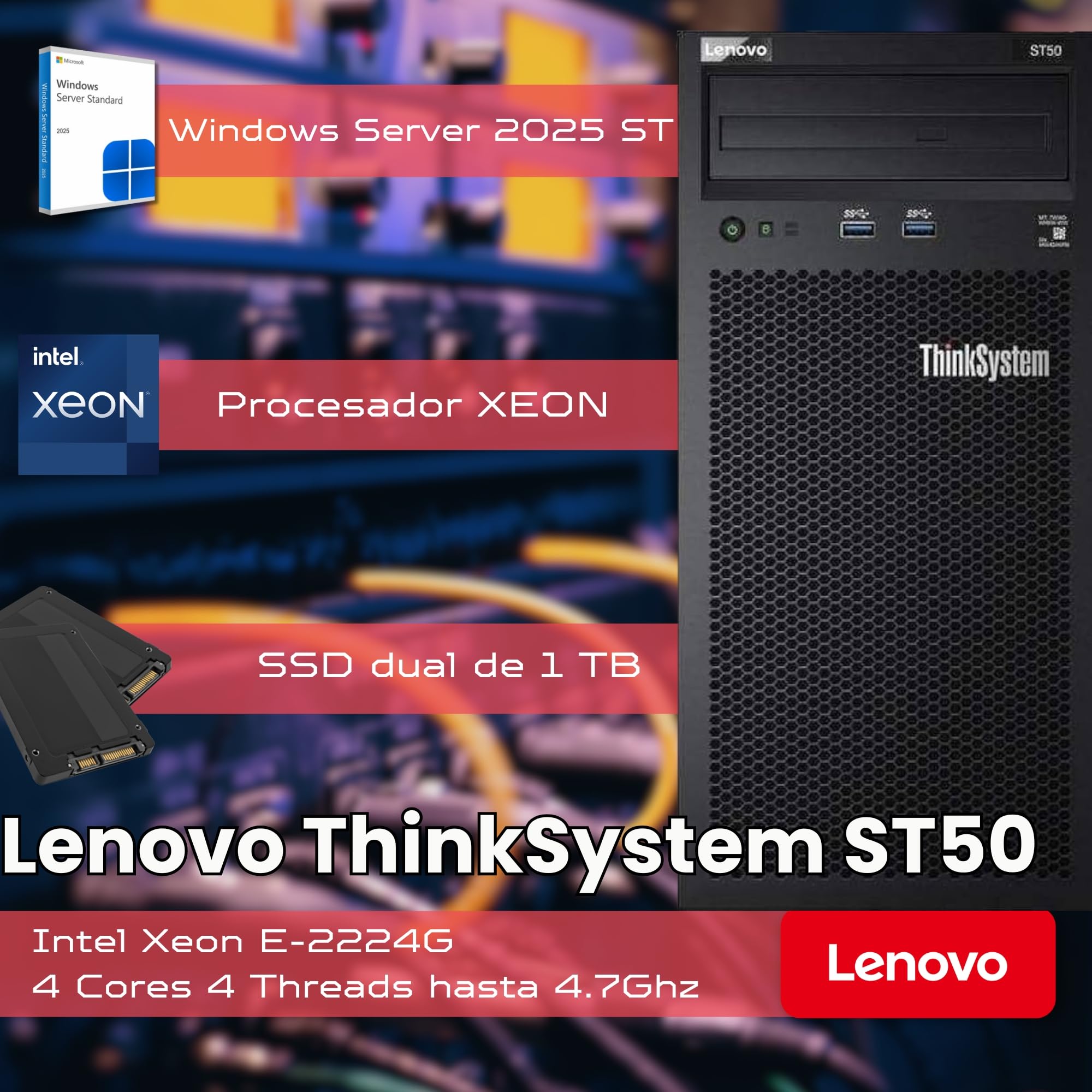 Lenovo ThinkSystem ST50 Server – Intel Xeon E-2224G CPU, 16 GB ECC RAM, 2 × 1 TB SSD, Win Server 2025 Standard (Reacondicionado)