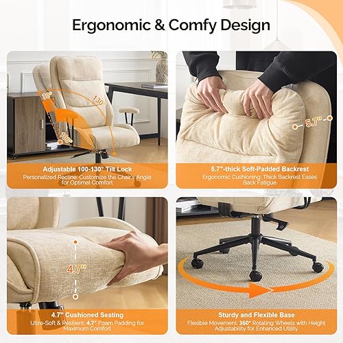 Miniatura 6 de VINGLI Silla de oficina ergonómica ejecutiva de felpilla con reclinable de 100-130, silla de escritorio con respaldo alto con base ajustable,