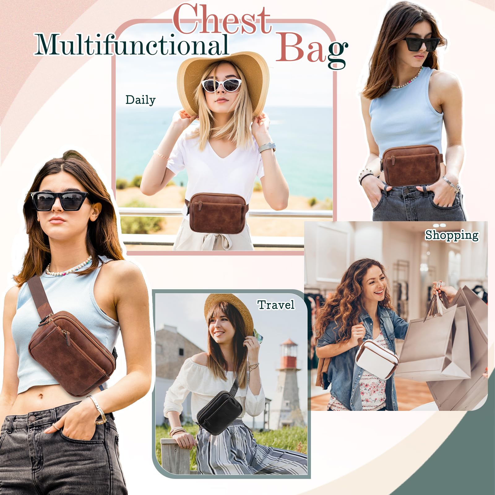 VX VONXURY Sac Banane Chic pour Femme Homme, Cuir PU Sac Ceinture Sacoche Banane Fanny Pack, Sac Banane Léger à Bandoulière avec Sangle Réglable pour la Course à Pied en Plein Air, la Randonnée