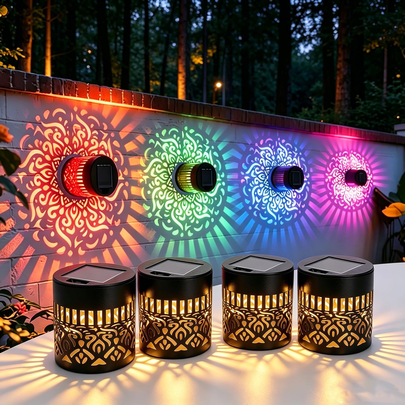Solar Mandala Wall Lights, Mandala Solar Projector Light Outdoor, 7-Colour Changing Waterproof Metal Fence Light, Solar Powered Decorative Garden Lamp for Patio Yard Backyard Post (4, Colored)