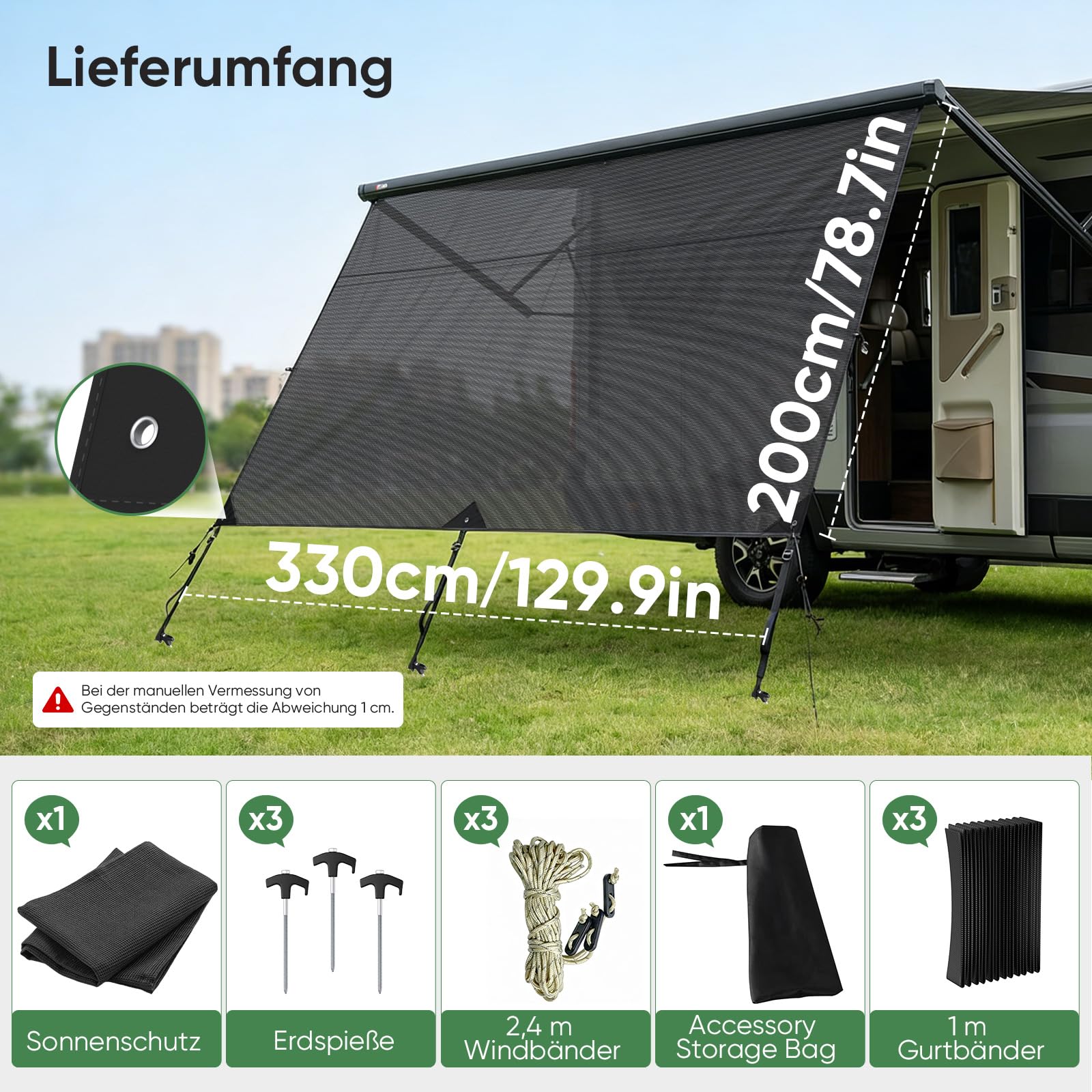 Sonnenschutz für Wohnmobil 2 x 3,3 m, Winddurchlässige und Sonnenschutz Markisenvorderwand 3 Keder mit Ø 4, 6 und 10 mm, Doppellagiges Netzgewebe Sun Blocker Wohnmobil Vorderwand