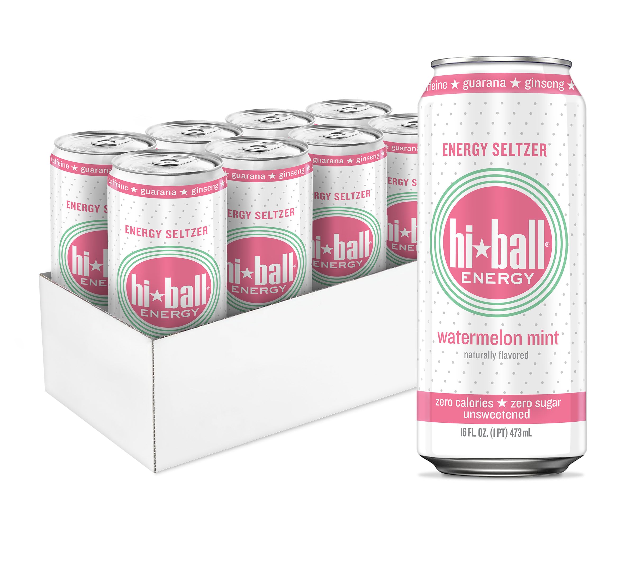Hiball Clean Energy Drink - Watermelon Mint - Zero Sugar, Zero Calorie Sparkling Water with 160mg Organic Caffeine, 50mg Organic Ginseng, 50mg Organic Guarana and B Vitamins - 16 fl oz (8-Pack)