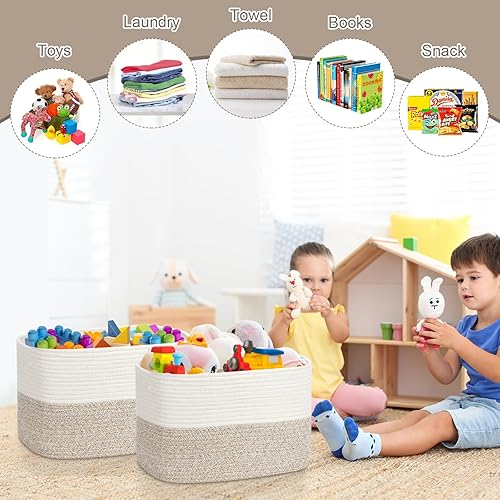 Miniatura 4 de ODOM Paquete de 2 cestas de cuerda de algodón para almacenamiento de juguetes, para organizar, cestas de almacenamiento tejidas de 15 x 11 x 9.5