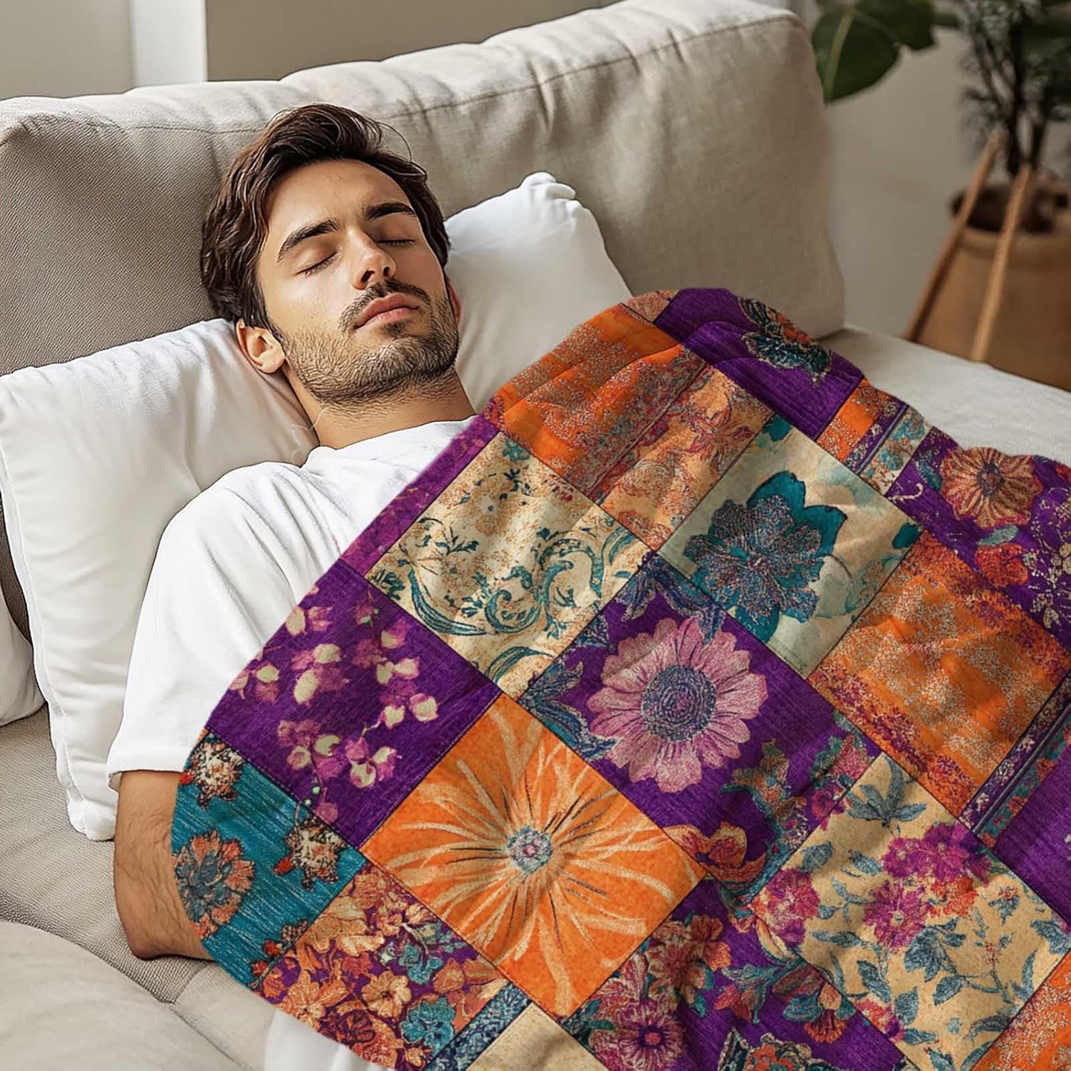 Printed Patchwork Blanket, Floral and Abstract Design Throw Quilt Pattern, Soft Cozy Blanket for Couch and Bed, Quilt Style, for Home Decor, 60"x50"