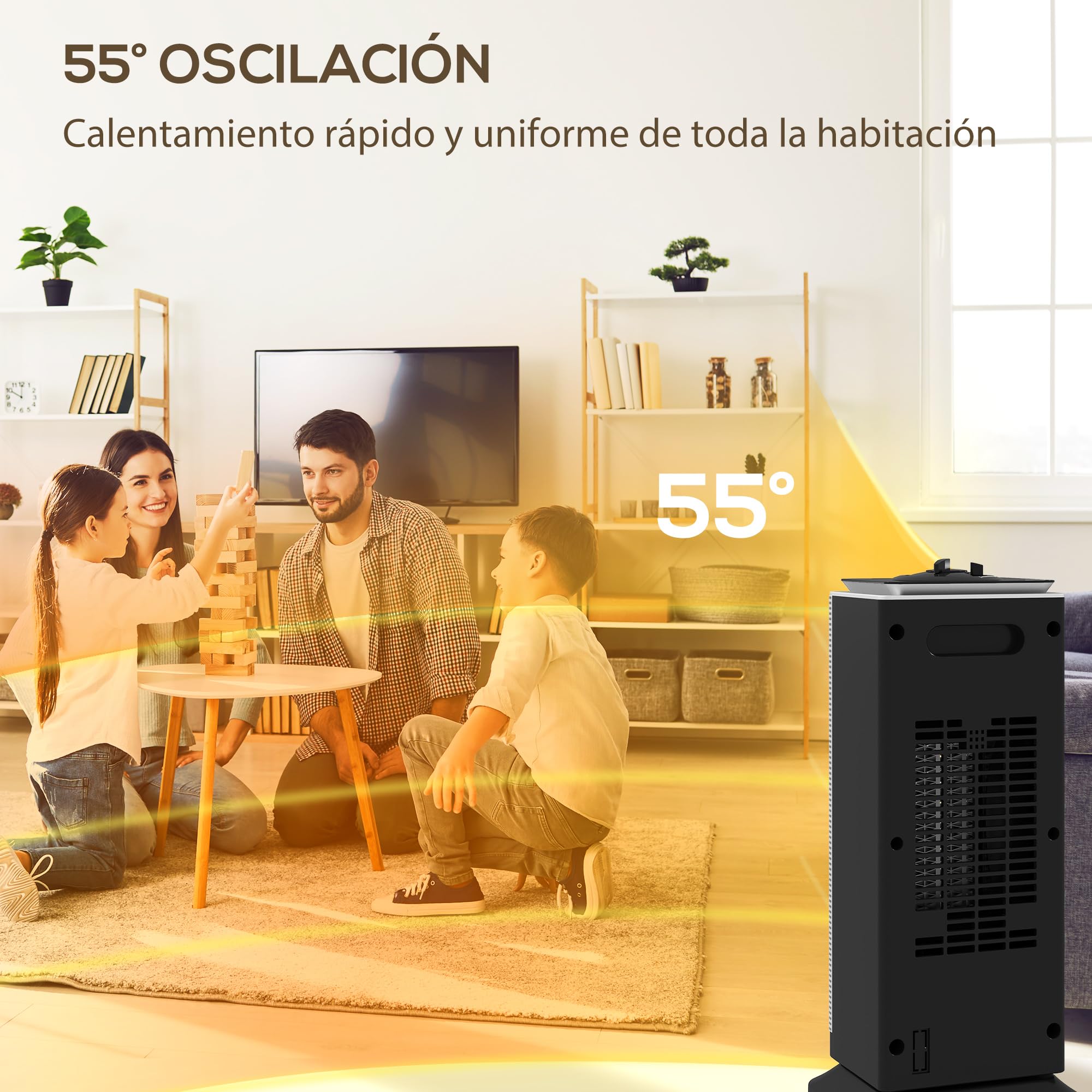 HOMCOM Calefactor Eléctrico Bajo Consumo Cerámico 2000W PTC 3 Modos Negro | Termostato Regulable, Oscilación de 55°, Protección contra Vuelcos y Sobrecalentamiento, para 15㎡ en Dormitorio