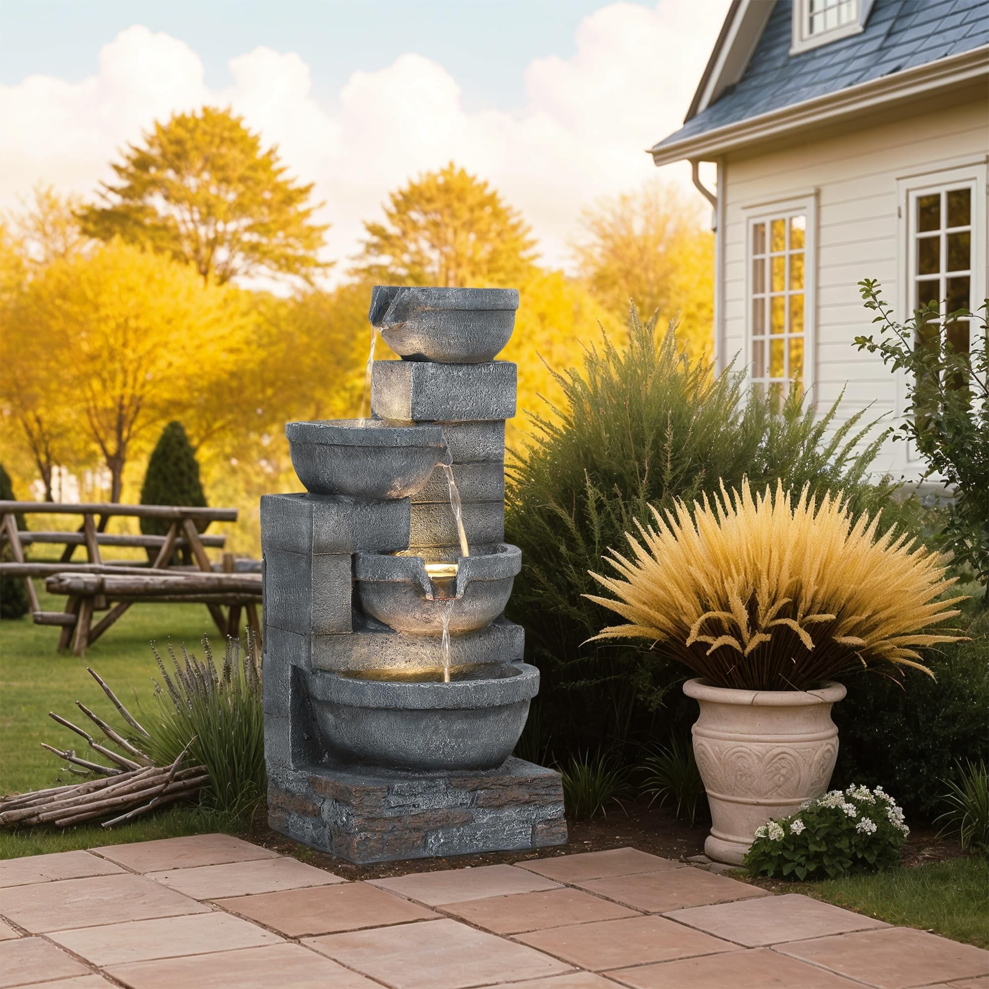 Outsunny Fuente de Agua Fuente de Jardín con Iluminación LED Fuente Decorativa en Cascada de 4 Niveles para Jardín Patio Terraza 38x35x78,5 cm Gris