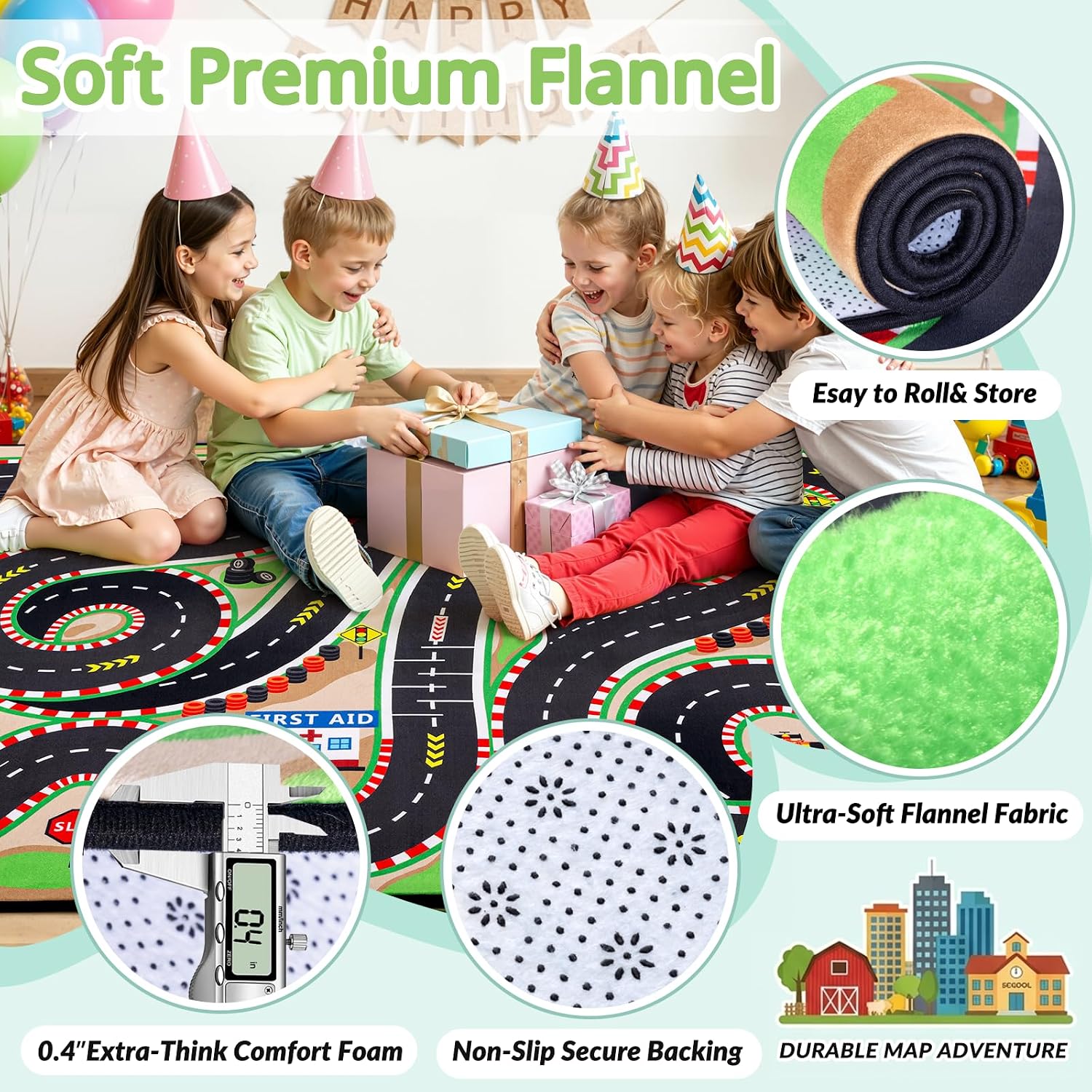 Kids Rug, 3x5 Ft Race Track Car Rug for Kids – Extra Thick 0.4in Soft Non-Slip Racing Car Carpet Play Mat with 3D Track Design for Toy Cars, Playroom, Bedroom & Living Room