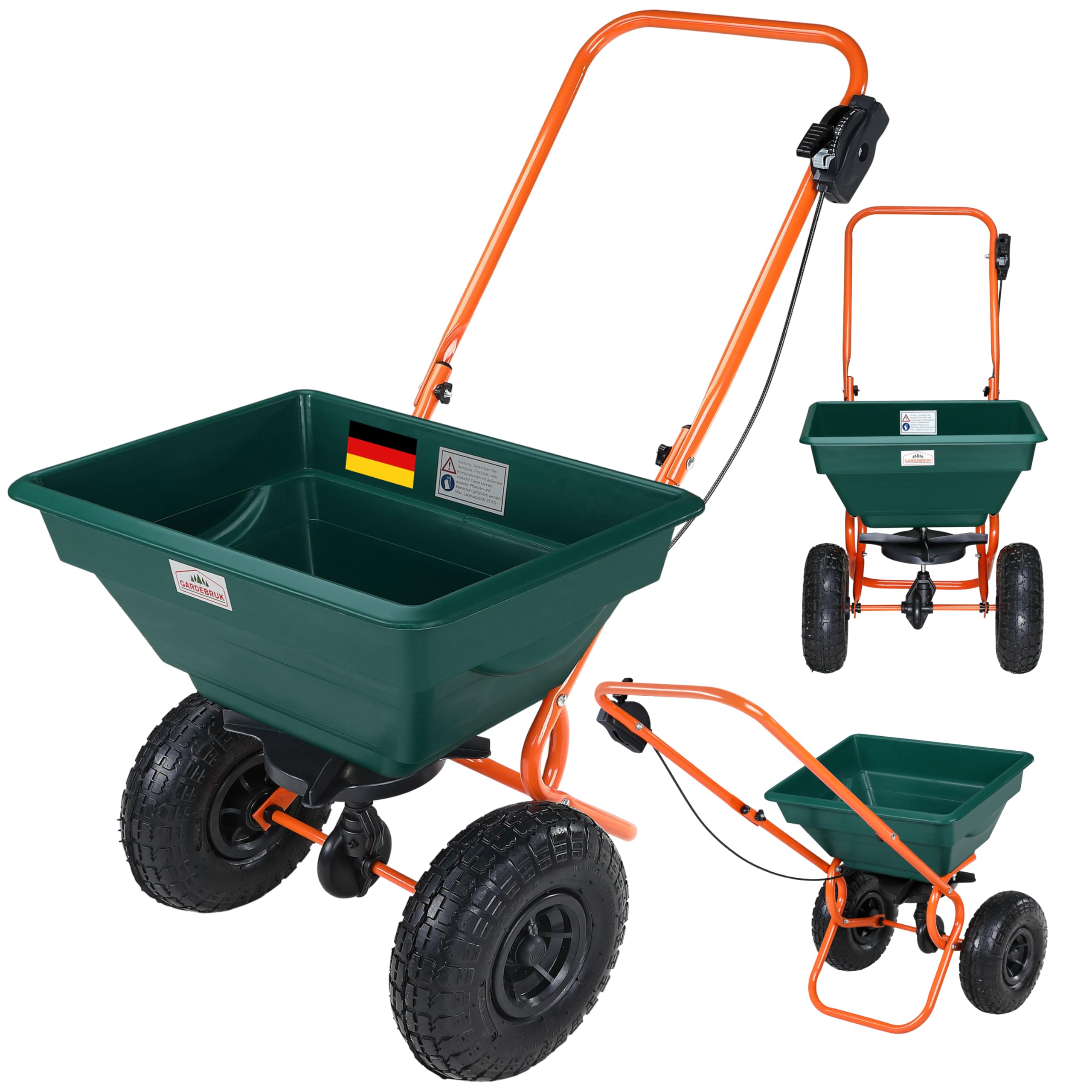 GARDEBRUK® Esparcidor 20L Capacidad Carga 25Kg Neumáticos Grandes Ø25 Todoterreno Abonadora Manual Sembradora Césped Esparcimiento Semillas Abono Sal Distribución Regulable