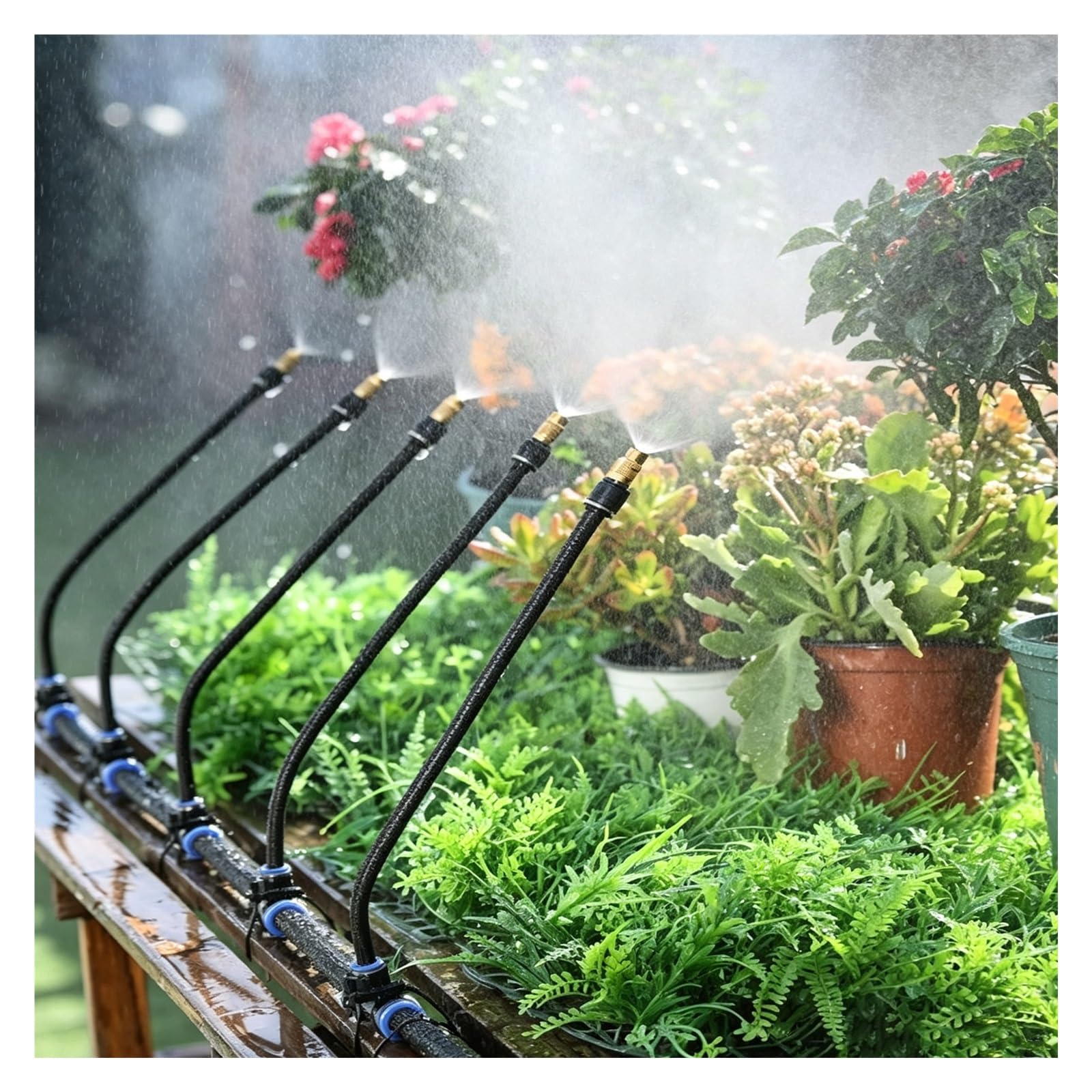 MZZKFC Patio Misting Plant Watering 16.4 32.8 65.6 98.4 131.2 164ft，Trampoline Misting Kit with Adjustable Flow Brass Nozzle & Flexible Bendable Mist Arm
