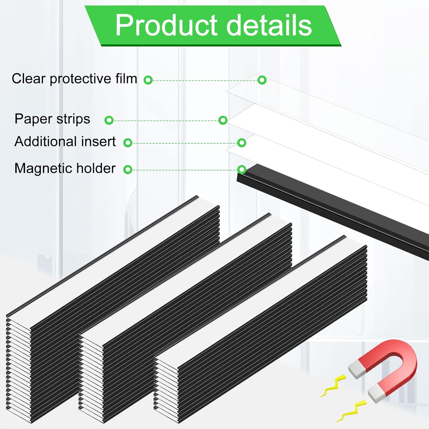 Mooliwe 50 Pcs C Channel Magnetic Label Holders 1 x 8 Inch with 100 White Paper Inserts 50 Clear Plastic Protectors Shelf Labels Holders with Magnets Magnetic Name Tags for Metal Shelving