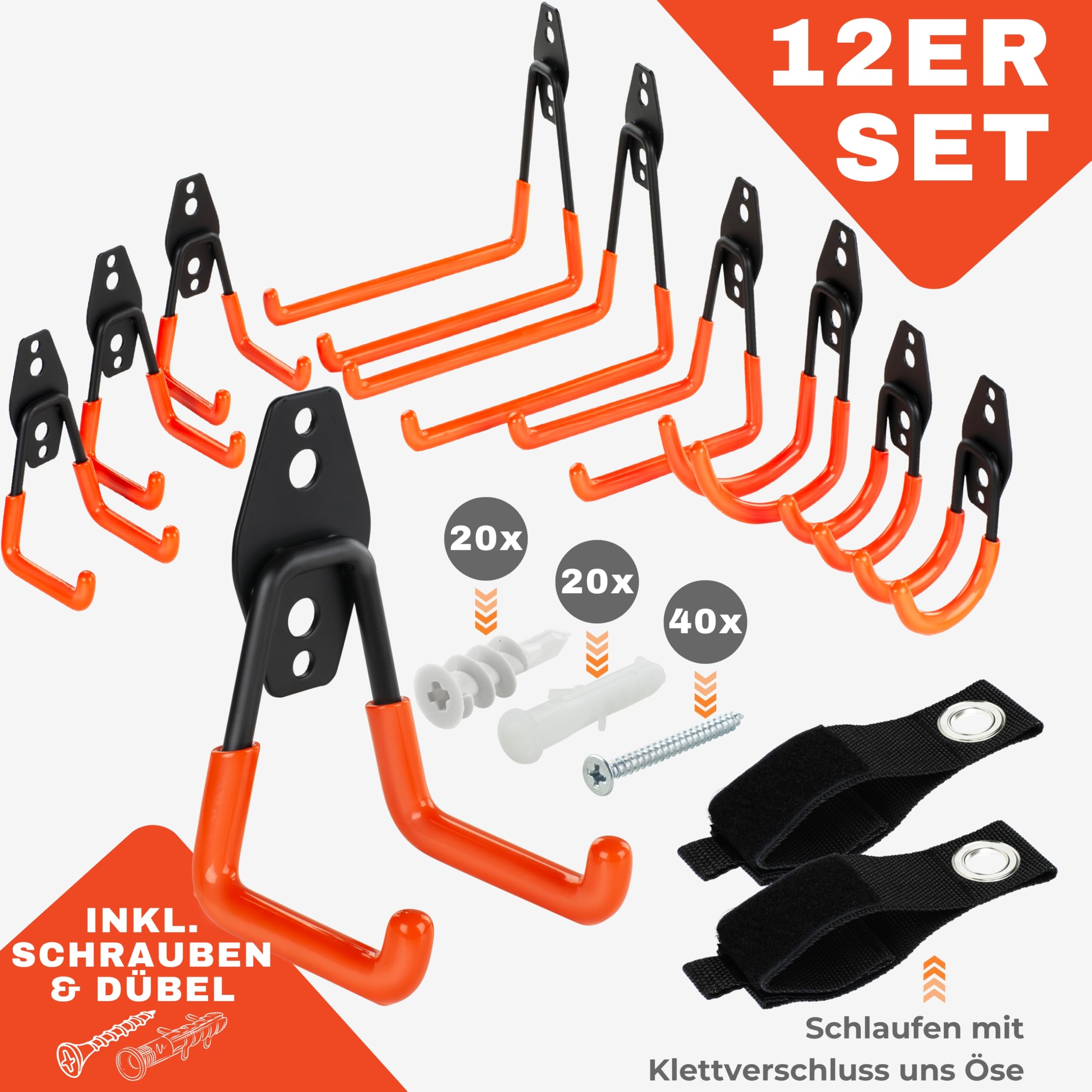 bonsport 12er Set Wandhaken für Garage - Schwerlasthaken zum Schrauben - Garagenhaken belastbar bis max. 40 kg - Haken Wand Schwerlast Leiterhaken Gerätehaken Gartengerätehalter
