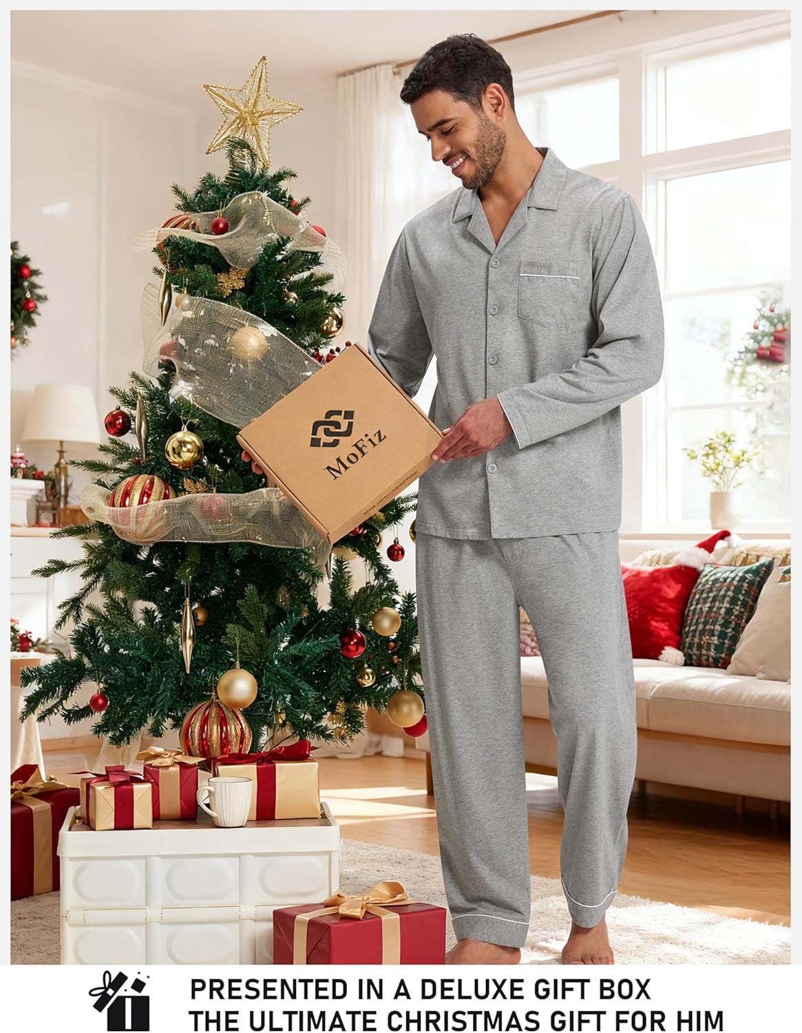 Mens Pajamas Set Soft Cotton Notched Collared Pjs for Men Long Sleeve Men's Sleepwear Loungewear Pyjama Homme - Image 3