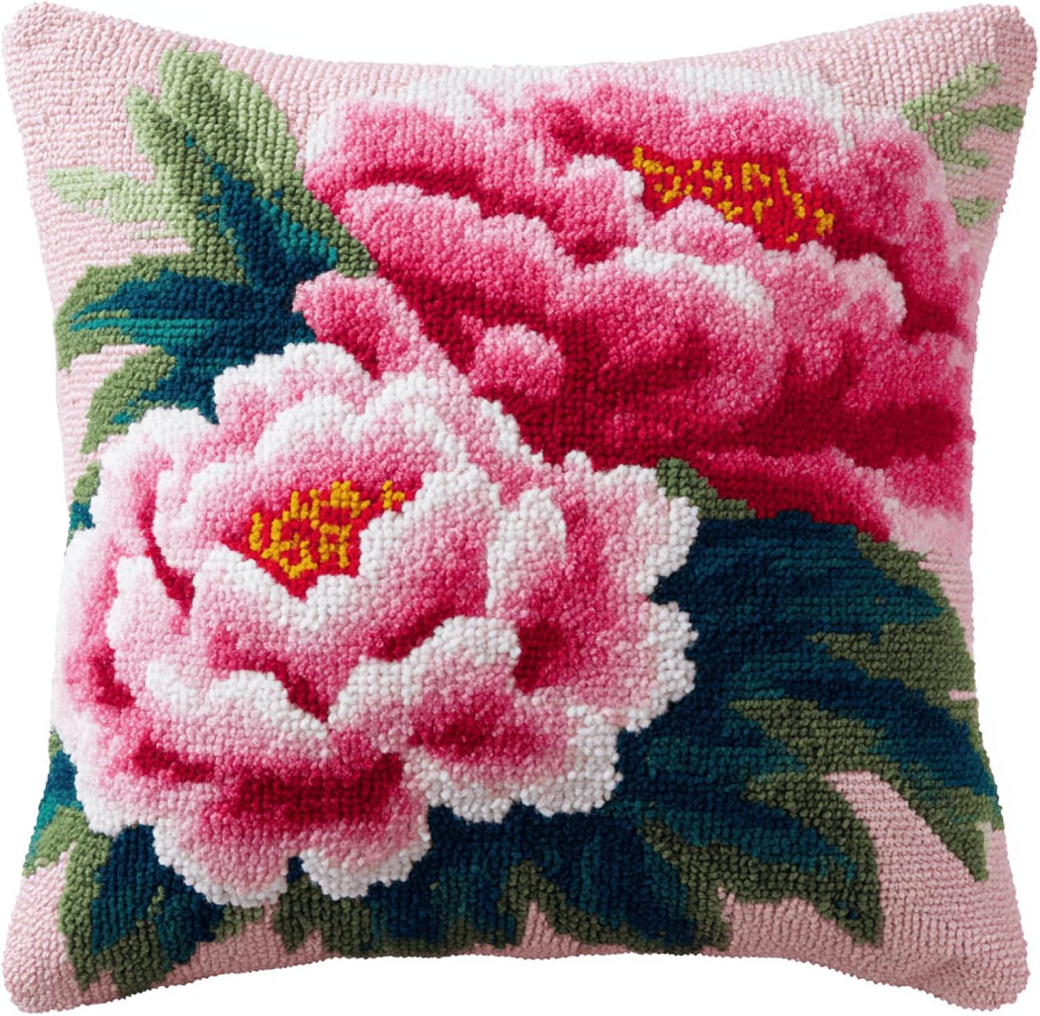Amcdjkery Latch Hook Kit for Adults,Peony Flower DIY Latch Hook Pillow Cover 17x17 Inch,Color Printed Canvas Cushion Craft Kit for Beginners,Handmade Needlework Home Decor