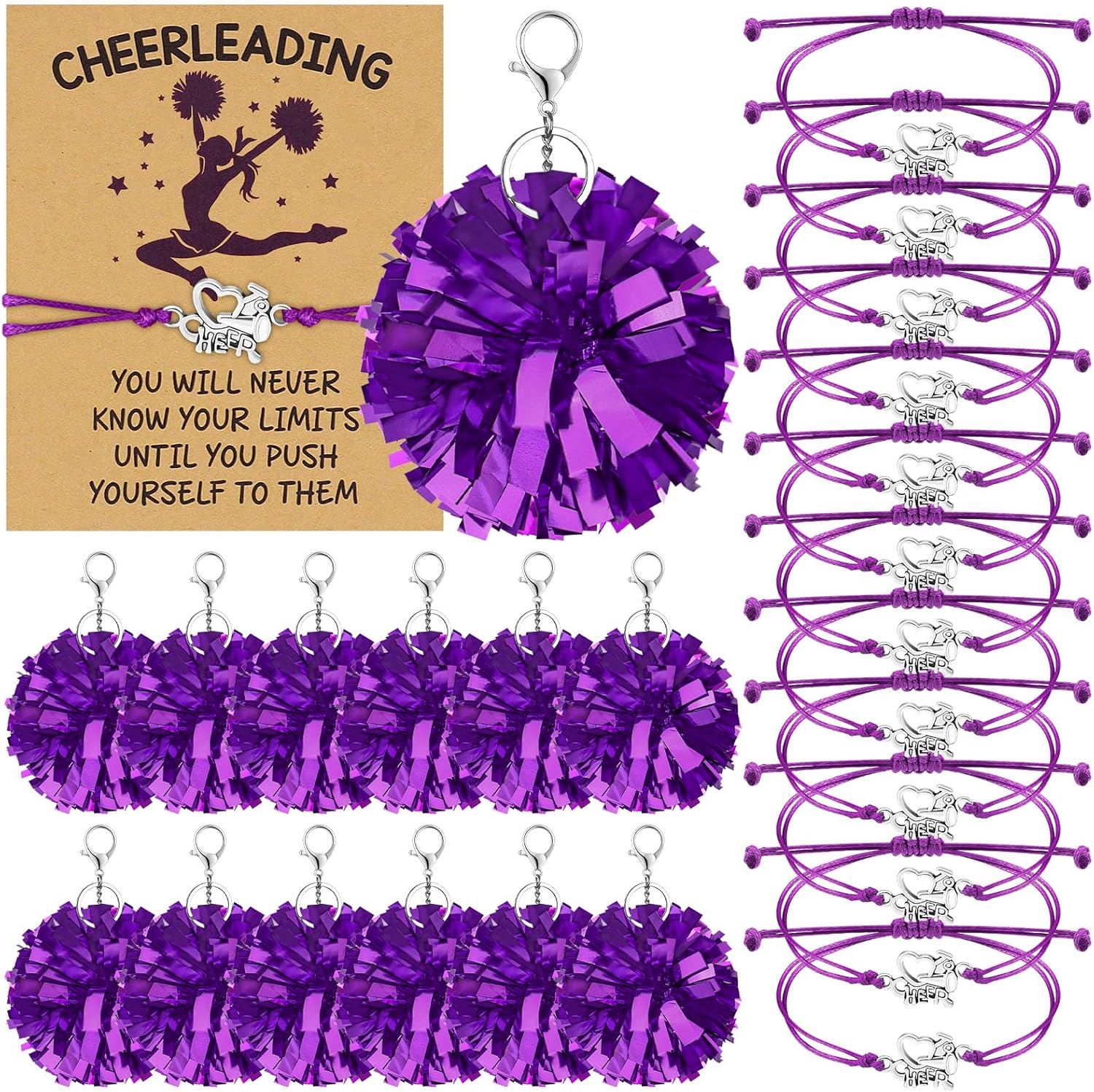 48 Pcs Cheerleader Gifts Cheer Pom Pom Keychain Cheering Bracelets Cheerleading Cards Cheer Gifts Team Sports Accessories