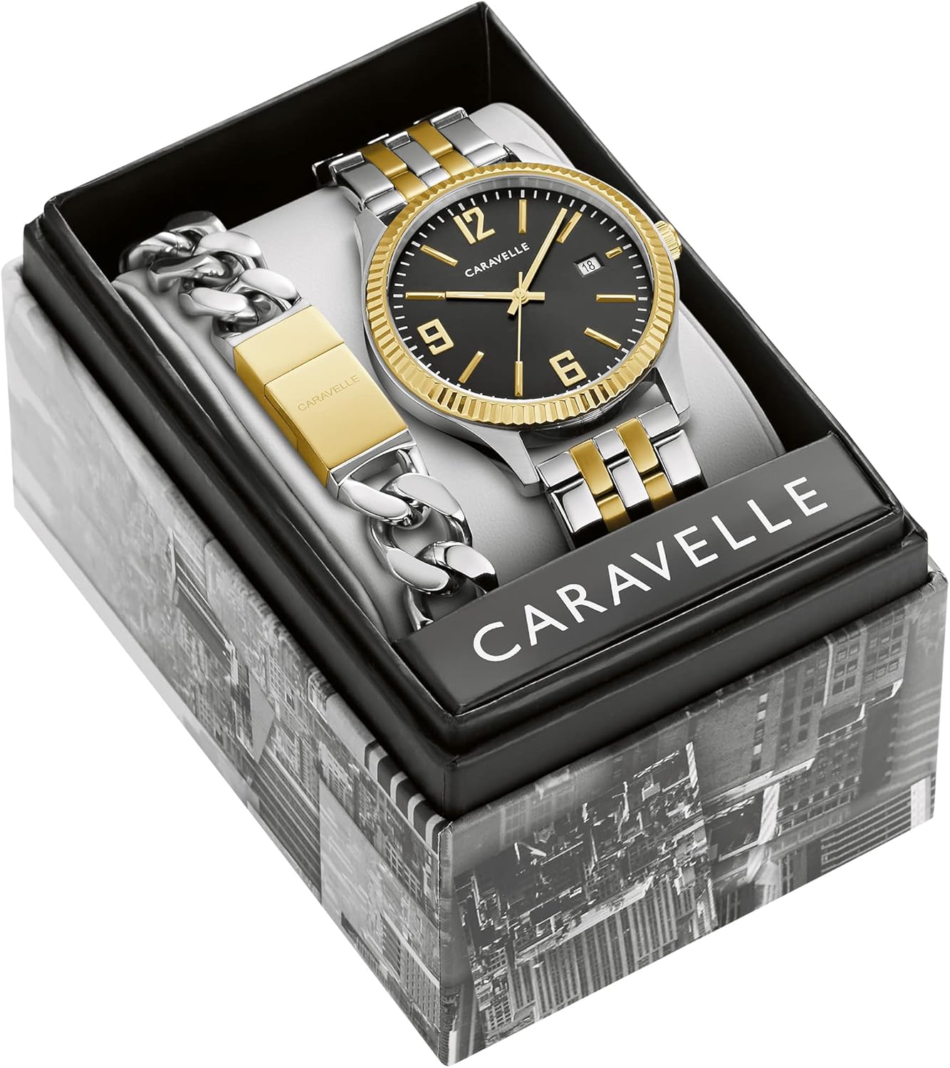 Bulova Caravelle Men's Classic Two-Tone Stainless Steel 3-Hand Date Watch and Bracelet Box Set, 41mm Style: 45K000 - Image 6