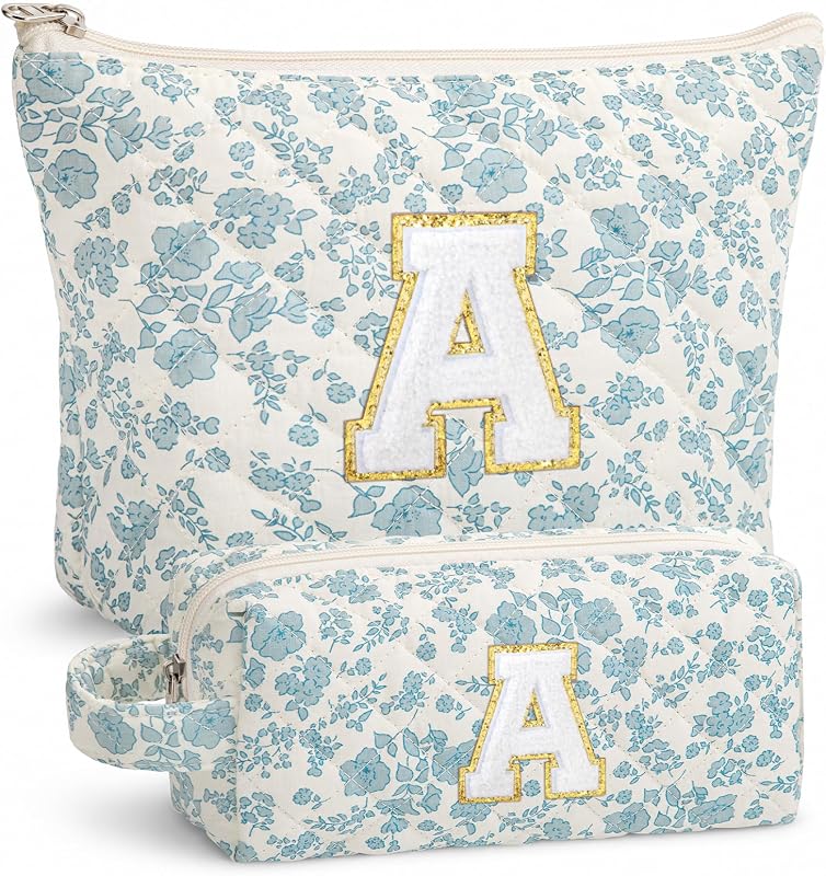 Necessaire de maquiagem Hollinycol com estampa floral azul e inicial A, conjunto com 2
