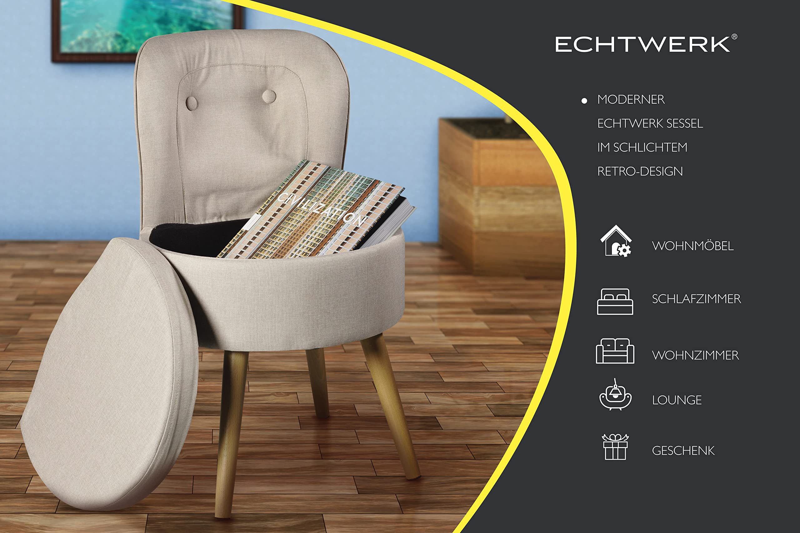 Echtwerk Poltrona imbottita "Vince", sedia con schienale alto, morbida imbottitura in gommapiuma, piedi in legno, 42 x 42 x 71 cm, 6,2 kg, colore: crema