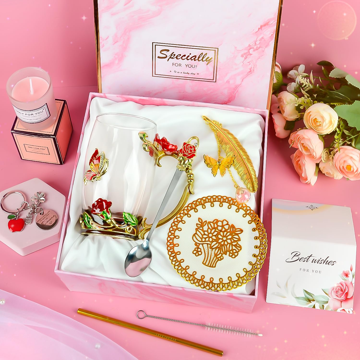 Cadeau voor vrouwen, gepersonaliseerde cadeaus voor vrouwen, handgemaakte geëmailleerde glazen koffiemok met roos, geschenkdoos voor vrouwen verjaardag 30, 40, 50, 60 jaar, verjaardagscadeaus voor