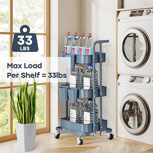 Vista 34 de DTK Carrito plegable de 2 niveles, carrito utilitario de metal con ruedas bloqueables, carrito de almacenamiento plegable para sala de estar, Negro