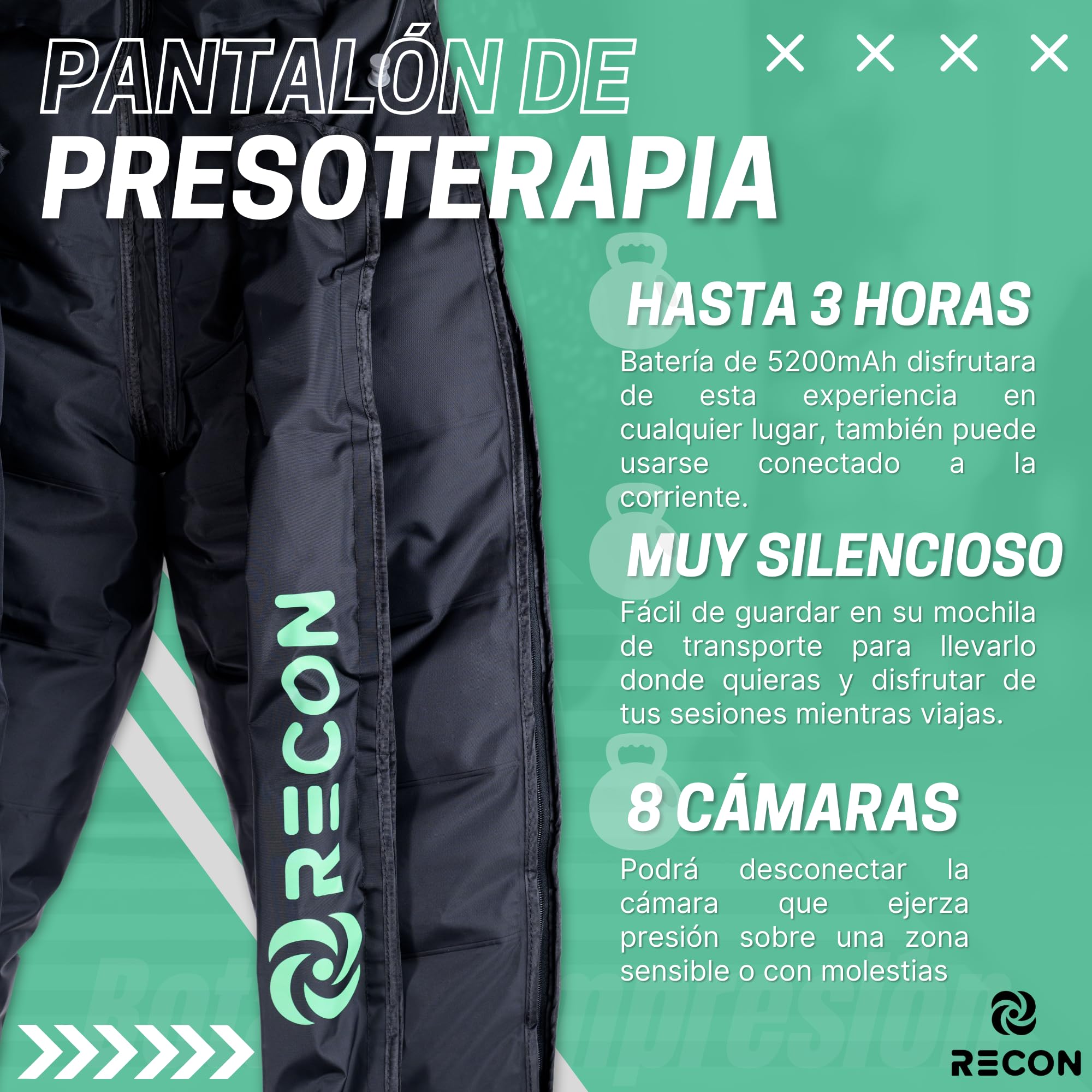 Pantalón de Presoterapia Masajeador con 8 cámaras 6 modos de masaje y batería. Equipo profesional de masaje. Recon®