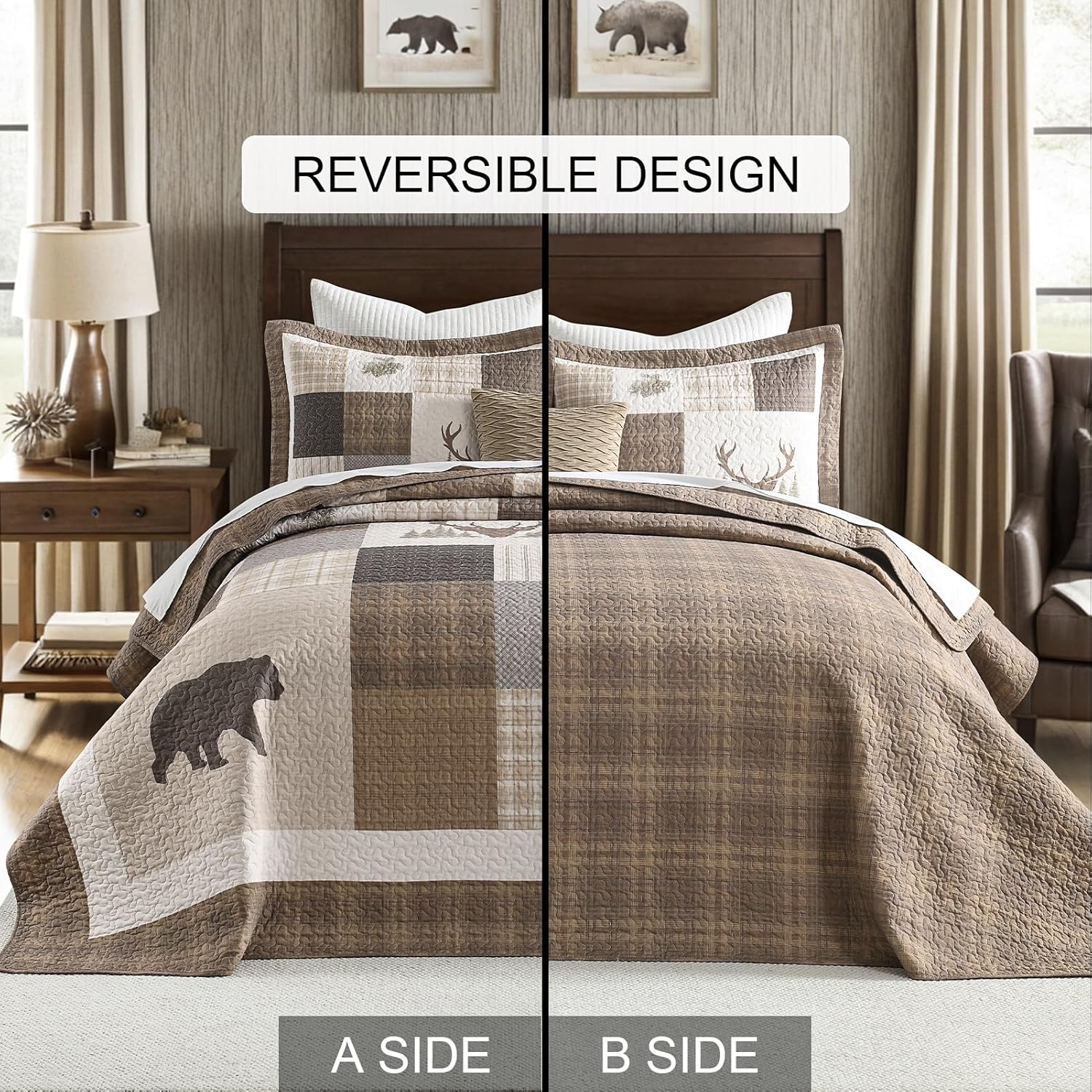 Bedduvit 100% Cotton 120"x128" Oversized King Bedspreads - Farmhouse Cottage Animal Patchwork Plaid California King Quilts, Rustic Lightweight Comforter Bedding Set with Pillow Shams, Brown/Beige/Gray