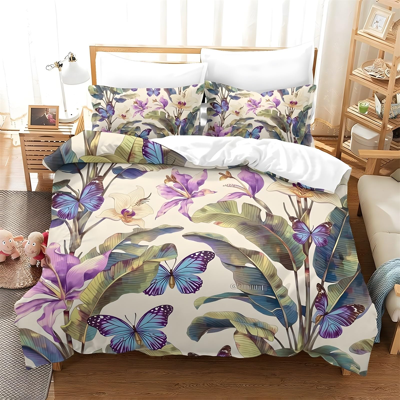 Ypthriline Double Bedding Set Banana Leaf Bedding Set Microfiber Blue Butterfly Duvet Covers with Pillowcases Reversible Bedding With Zipper Closure 200x200CM