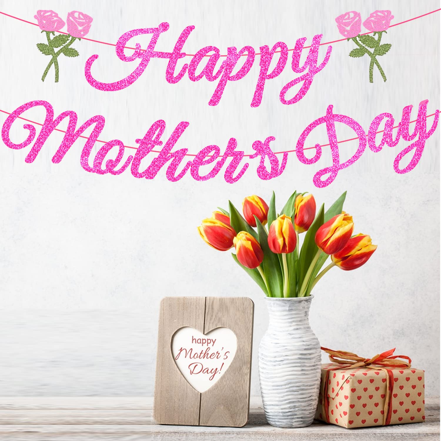 BinaryABC Happy Mother's Day Banner - Rose Red & Pink Paper Banner, 118 Inch Party Decoration