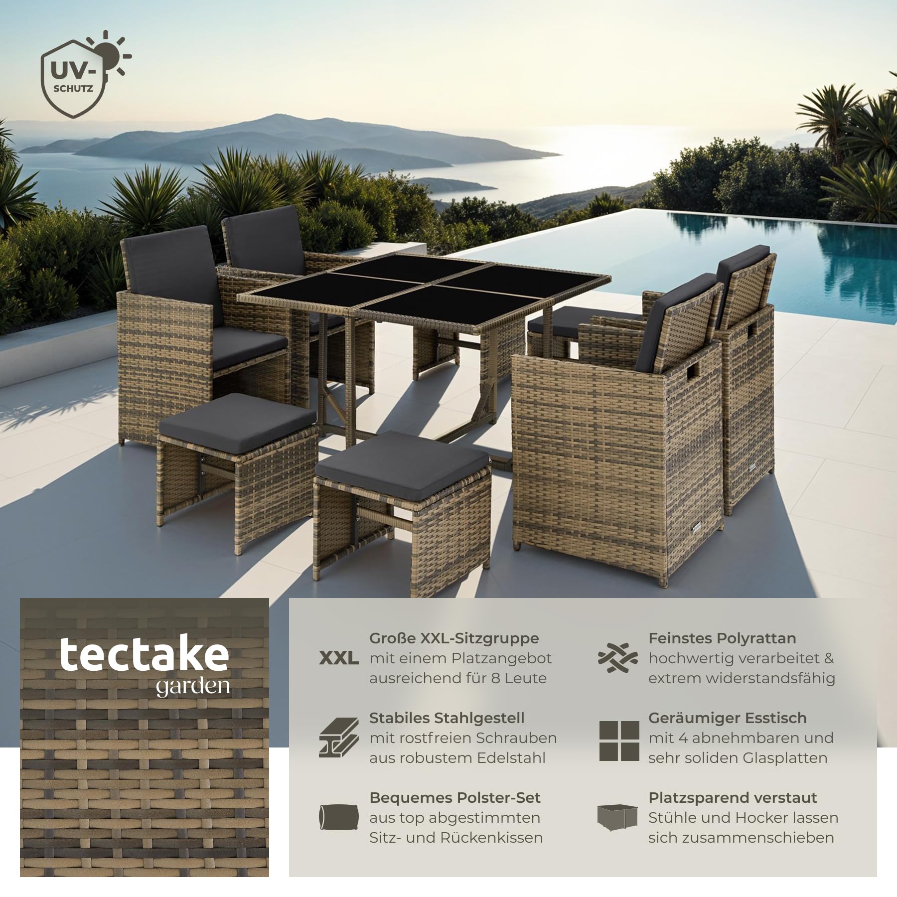 tectake Lounge Möbel Set aus 4X Stühle, 1x Tisch, 4X Hocker, wetterfest und platzsparende Cube Aufbewahrung inkl. Schutzhülle, Outdoor Rattan Gartenmöbel für Balkon, Garten und Terrasse - Natur