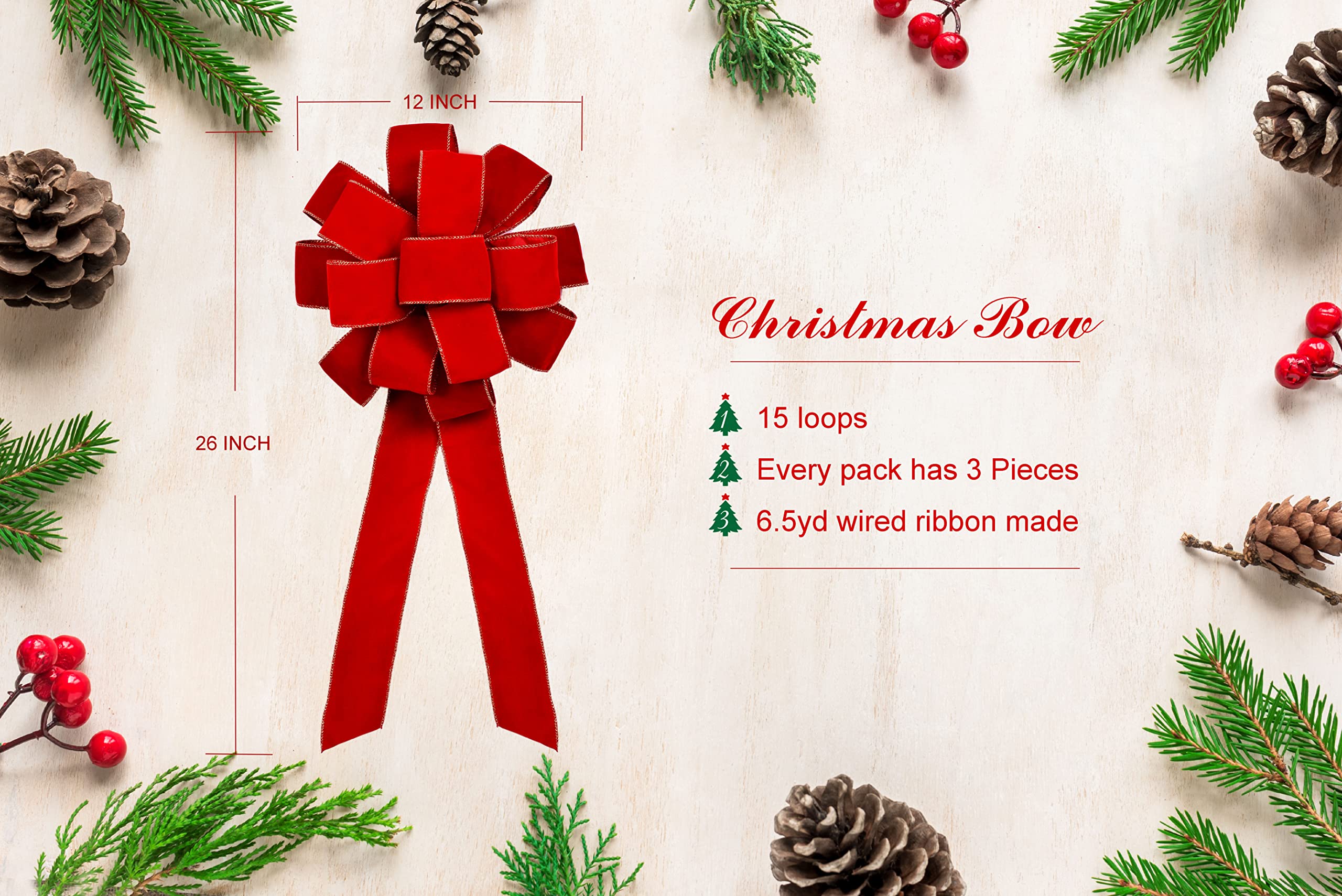 3 lazos de Navidad de terciopelo rojo con alambre dorado, hechos a mano (26 x 12 pulgadas), lazos de cinta grandes, decoración de árbol de Acción de Gracias, lazo de corona, decoración de árbol, lazos
