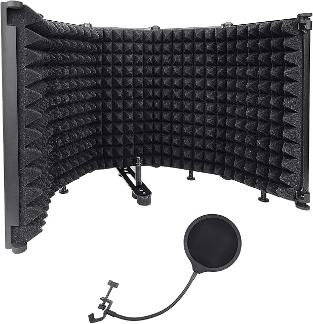 JBER Professional Microphone Isolation Shield with Microphone Pop Filter,Absorbing Foam Reflector Folding Panel,Suitable for blue yeti and any condenser microphone recording equipment5 Fold