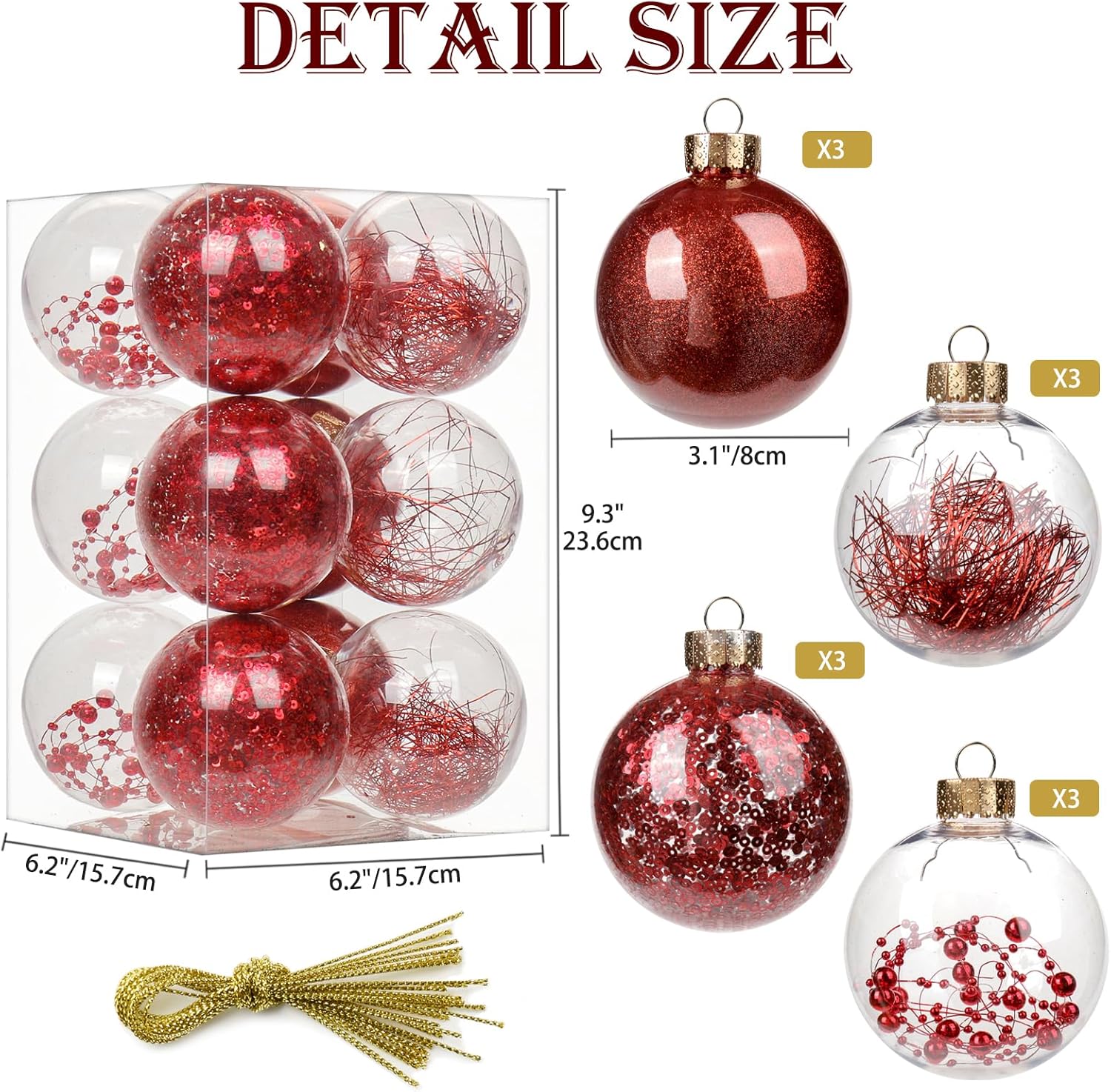 Briful 80mm/3.15" Shatterproof Clear Plastic Christmas Ball Ornaments Decorative Transparent Xmas Balls Baubles Set with Stuffed Delicate Decor Hanging Christmas Tree Ornaments(12 Counts, Red) Red 3.15"/12pcs