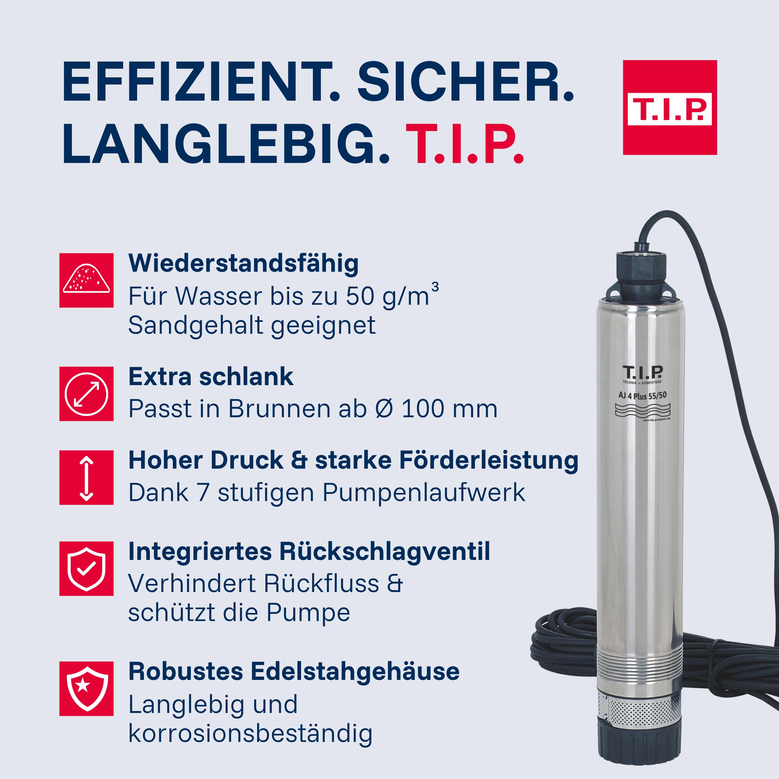 T.I.P. 30104 Tiefbrunnenpumpe AJ 4 Plus 55/50 800W 3300 l/h 50m 5,0 bar 20m Eintauchtiefe