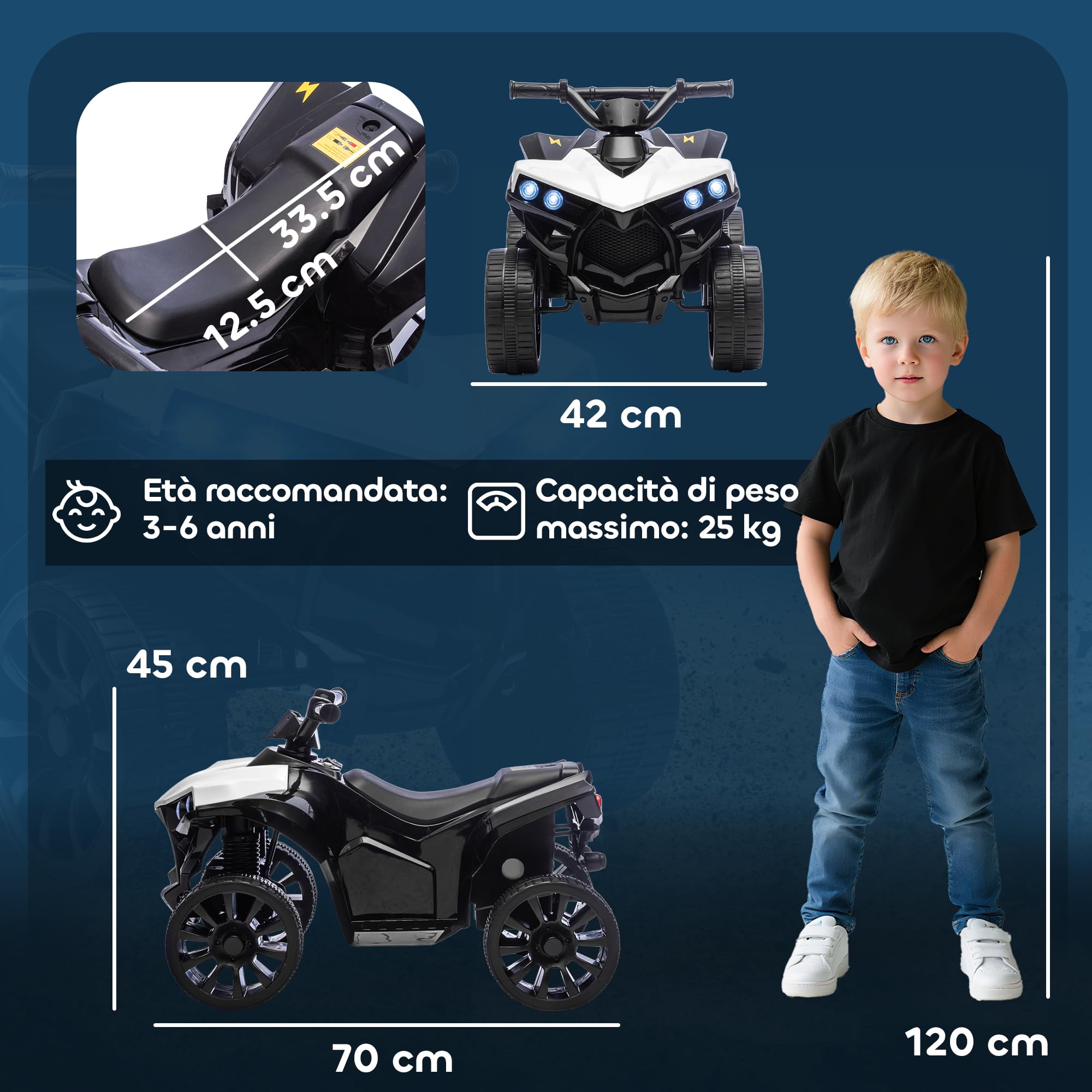 AIYAPLAY Quad Elettrico per Bambini ATV con Batteria Ricaricabile 6V, Moto per Bambini con Fari LED e Musica, per Interni ed Esterni, Età 37-72 Mesi, Bianco