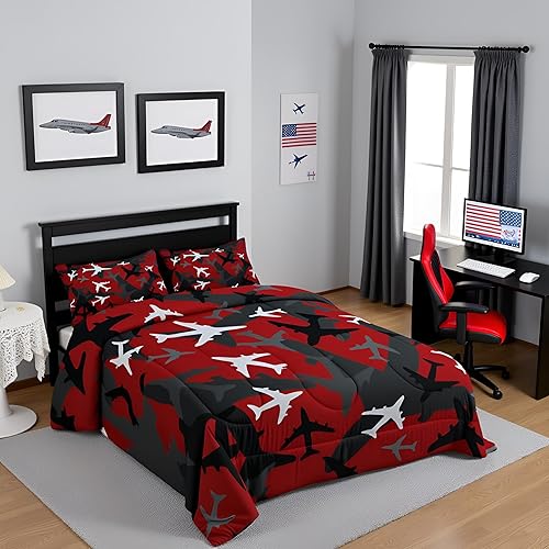 Miniatura 5 de Juego de ropa de cama con diseño de avión de camuflaje, tamaño individual para niños, negro, gris, rojo, camuflaje, juego de edredón de 2 piezas,